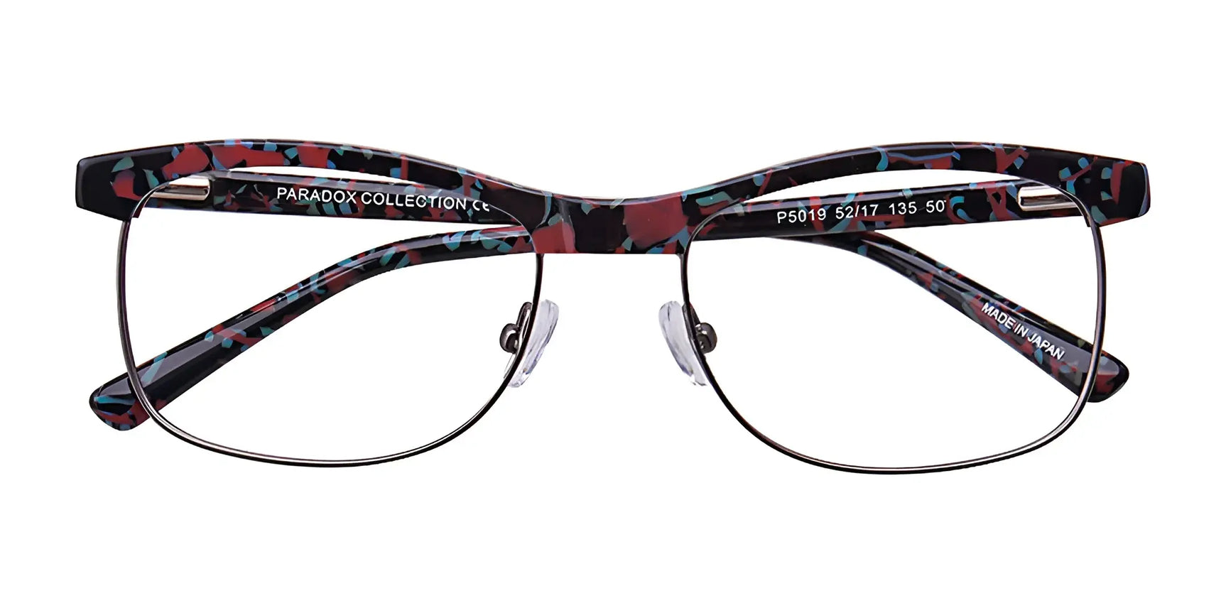Paradox P5019 Eyeglasses | Size 52 by Paradox, featuring black, red, and blue patterns with clear lenses—an eye-catching women’s frame shown from the front. Paradox P5019 Eyeglasses | Size 52 by Paradox, featuring black, red, and blue patterns with clear lenses—an eye-catching women’s frame shown from the front.