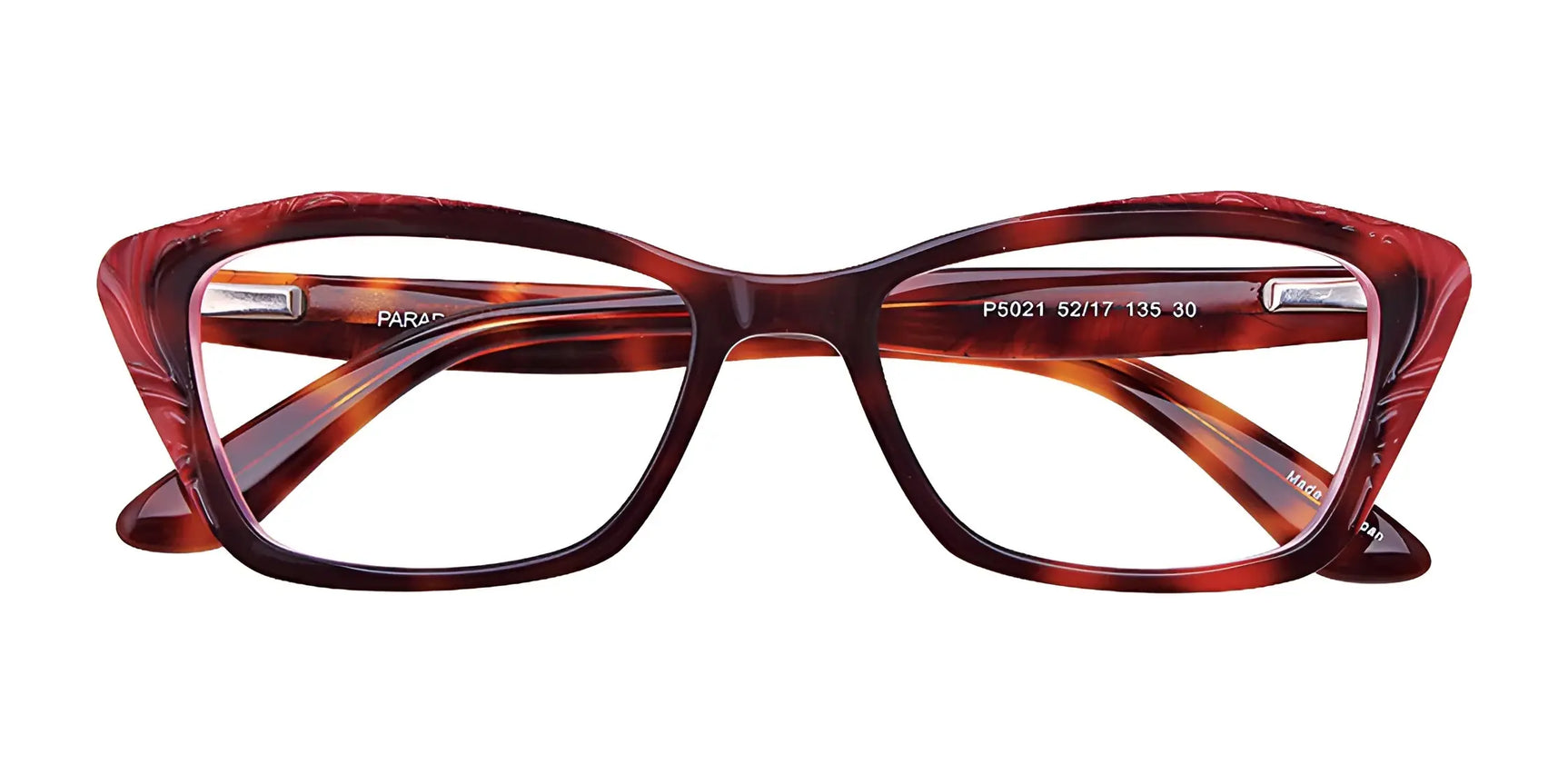 The Paradox P5021 eyeglasses by Paradox feature a brown rectangular tortoiseshell frame with wide arms and subtle cat eye accents, shown from the front against a white background. The Paradox P5021 eyeglasses by Paradox feature a brown rectangular tortoiseshell frame with wide arms and subtle cat eye accents, shown from the front against a white background.