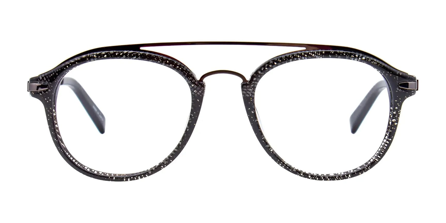 Paradox P5027 Eyeglasses by Paradox feature full-rim round black frames with a thin top bar and subtle textured pattern, offering an aviator-inspired style. Size 49. Paradox P5027 Eyeglasses by Paradox feature full-rim round black frames with a thin top bar and subtle textured pattern, offering an aviator-inspired style. Size 49.