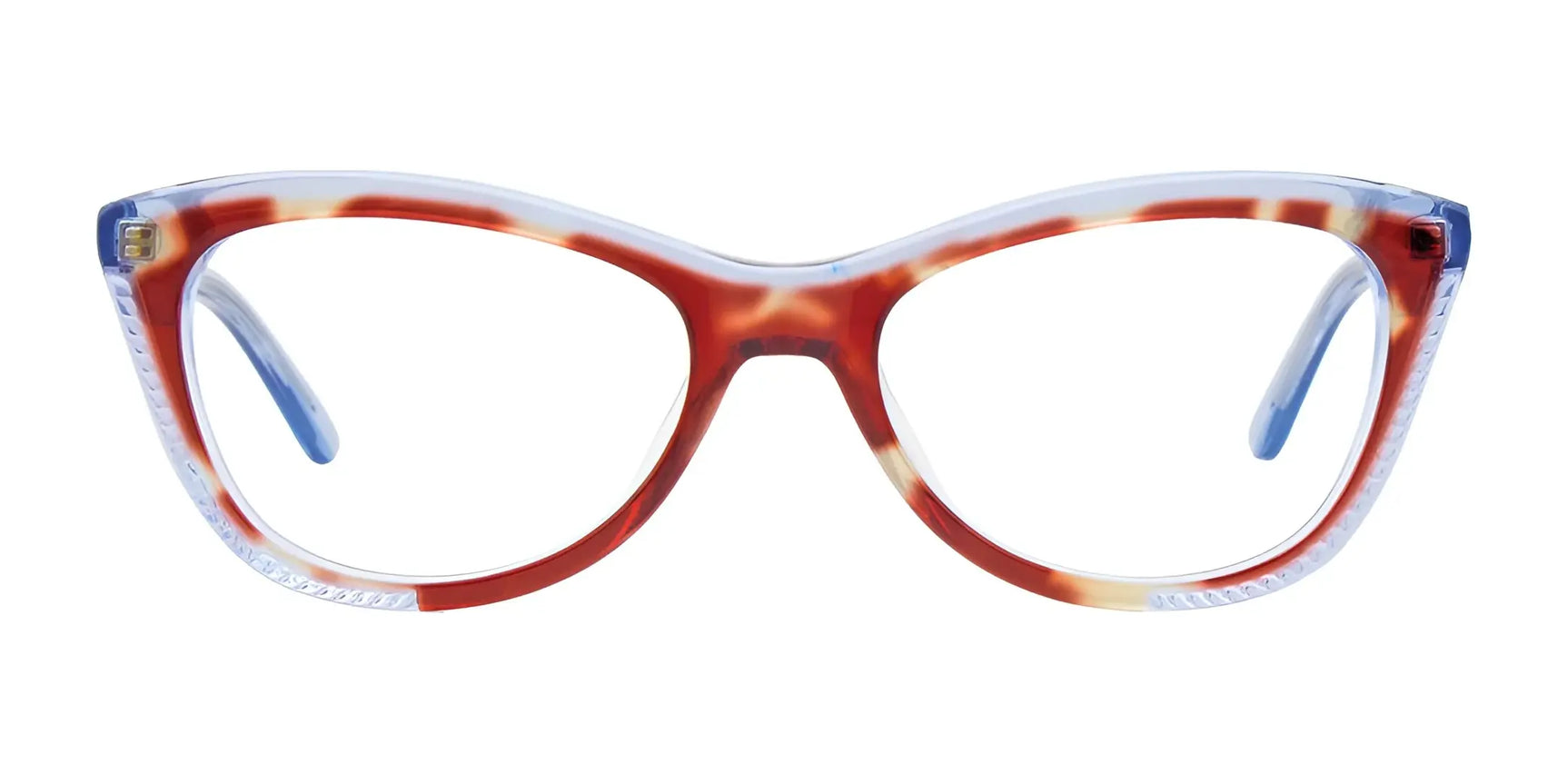 The Paradox P5028 Eyeglasses by Paradox offer a bold cat-eye design with red and white tortoiseshell frames, clear edge accents, and are prescription ready. Size 54. The Paradox P5028 Eyeglasses by Paradox offer a bold cat-eye design with red and white tortoiseshell frames, clear edge accents, and are prescription ready. Size 54.