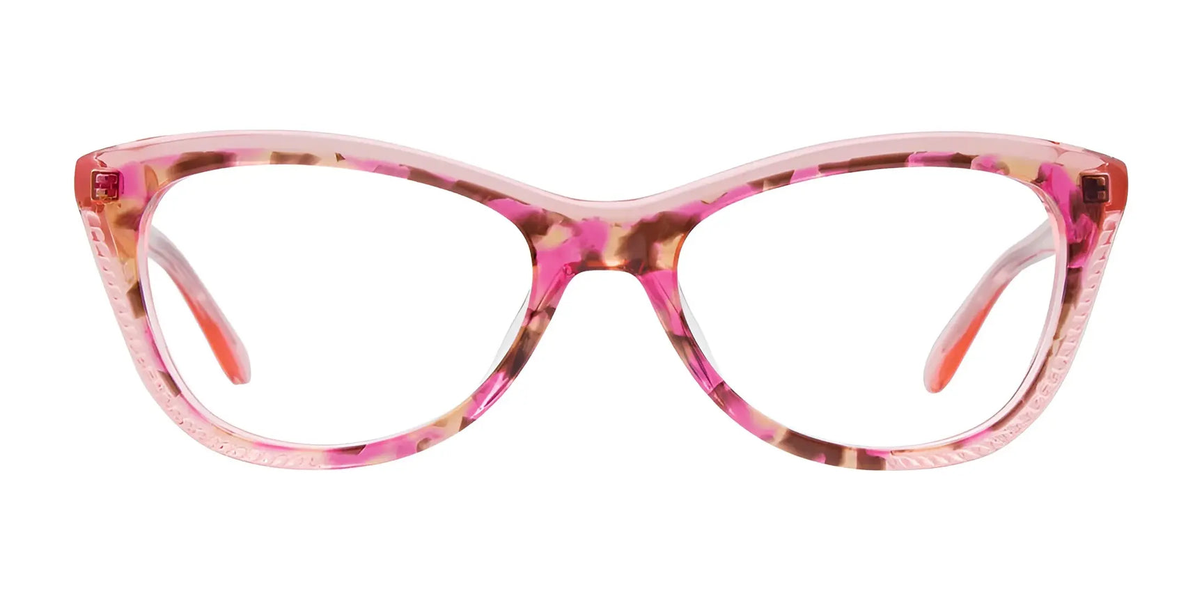 The Paradox P5028 Eyeglasses | Size 54 by Paradox showcase a pink and brown floral cat-eye design, offering stylish, prescription-ready eyewear. Displayed on a white background. The Paradox P5028 Eyeglasses | Size 54 by Paradox showcase a pink and brown floral cat-eye design, offering stylish, prescription-ready eyewear. Displayed on a white background.
