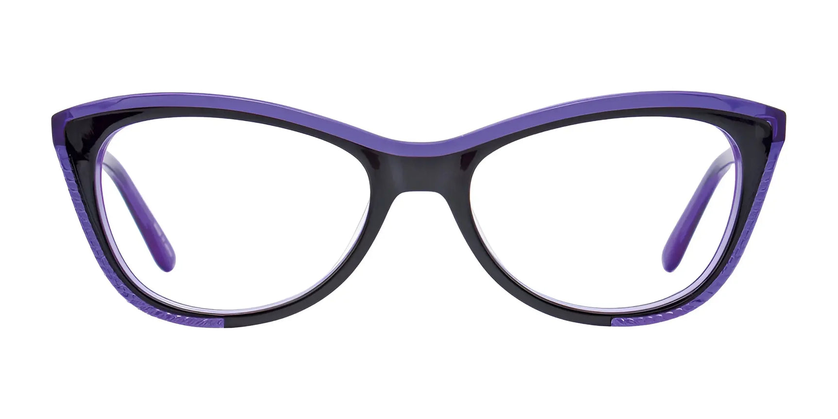 Paradox P5028 Eyeglasses | Size 54 by Paradox feature cat-eye black and purple frames, shown front-facing on a white background. Prescription ready for a stylish, modern look. Paradox P5028 Eyeglasses | Size 54 by Paradox feature cat-eye black and purple frames, shown front-facing on a white background. Prescription ready for a stylish, modern look.