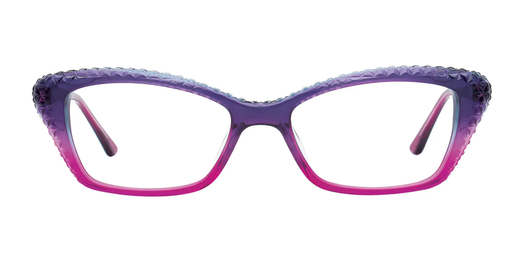 The Paradox P5029 Eyeglasses by Paradox feature fashion-forward purple and pink cat-eye frames with textured edges, shown on a white background. The Paradox P5029 Eyeglasses by Paradox feature fashion-forward purple and pink cat-eye frames with textured edges, shown on a white background.