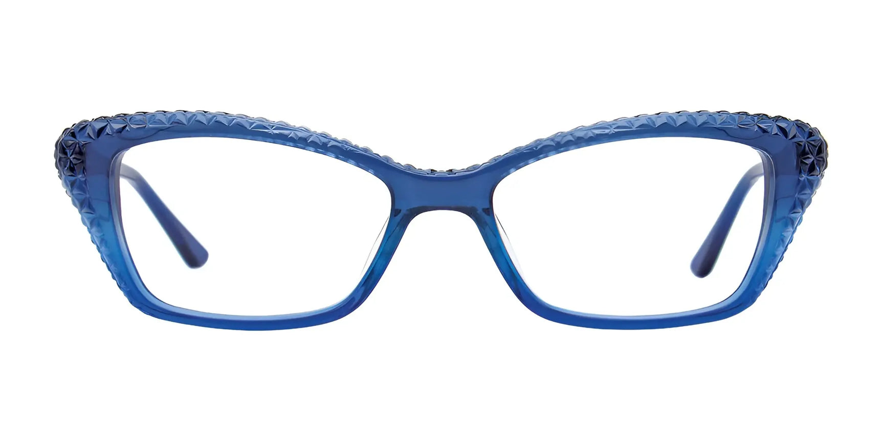 Paradox P5029 Eyeglasses by Paradox feature a fashion-forward blue cat-eye design with textured edges, shown on a white background. Paradox P5029 Eyeglasses by Paradox feature a fashion-forward blue cat-eye design with textured edges, shown on a white background.
