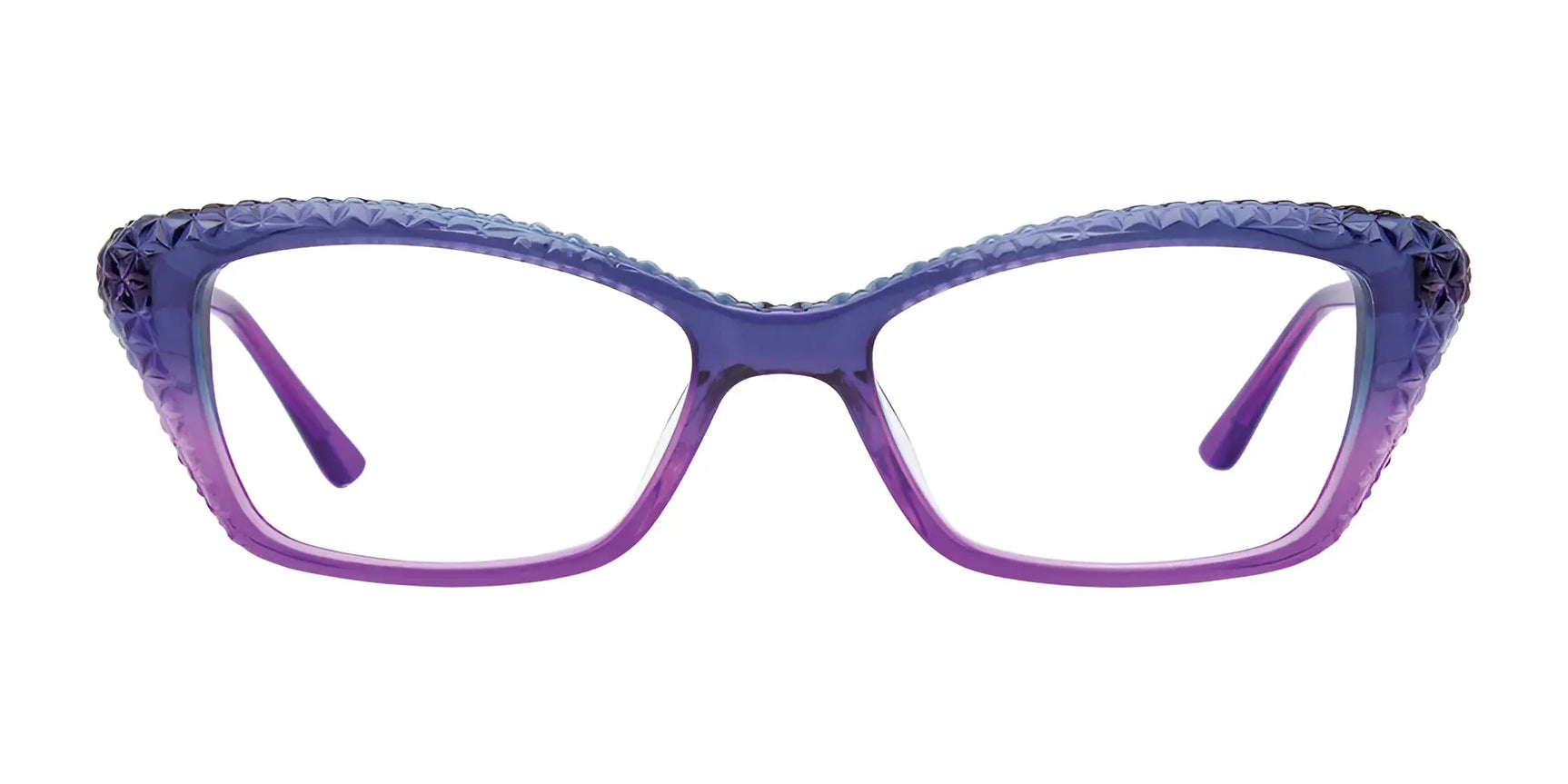The Paradox P5029 Eyeglasses by Paradox feature a purple ombre cat-eye design with textured top-edge details, adding stylish flair to any look. Shown against a white background. The Paradox P5029 Eyeglasses by Paradox feature a purple ombre cat-eye design with textured top-edge details, adding stylish flair to any look. Shown against a white background.