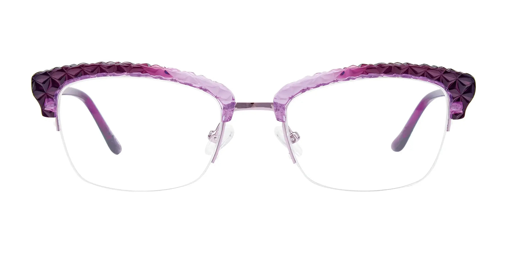 Paradox P5036 Eyeglasses | Size 53 by Paradox feature a purple semi-rimless frame with textured detailing and clear lenses, combining style and clarity, showcased on a white background. Paradox P5036 Eyeglasses | Size 53 by Paradox feature a purple semi-rimless frame with textured detailing and clear lenses, combining style and clarity, showcased on a white background.