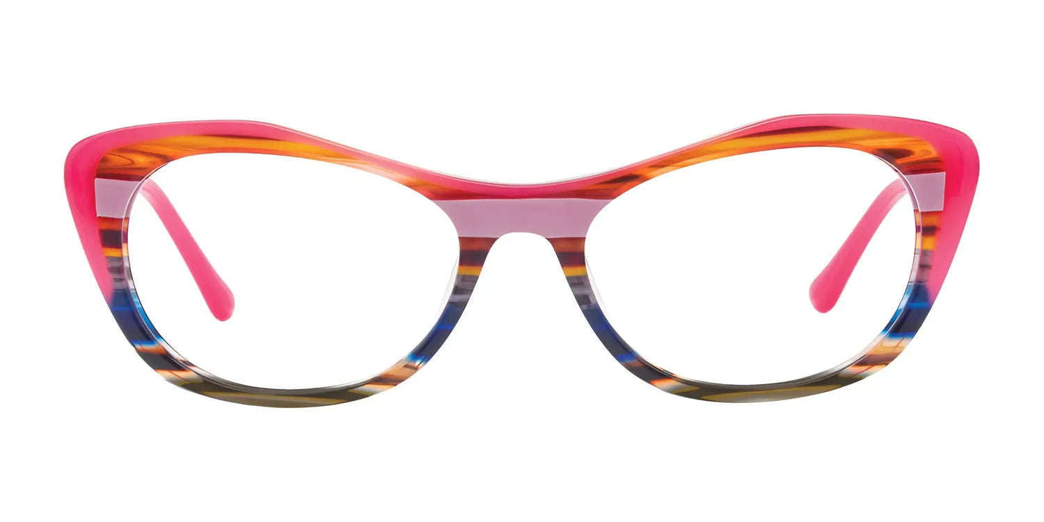 The Paradox P5037 Eyeglasses | Size 52 by Paradox feature cat eye frames in pink, orange, blue, and brown stripes on white. These prescription-ready glasses combine bold fashion with everyday vision needs. The Paradox P5037 Eyeglasses | Size 52 by Paradox feature cat eye frames in pink, orange, blue, and brown stripes on white. These prescription-ready glasses combine bold fashion with everyday vision needs.