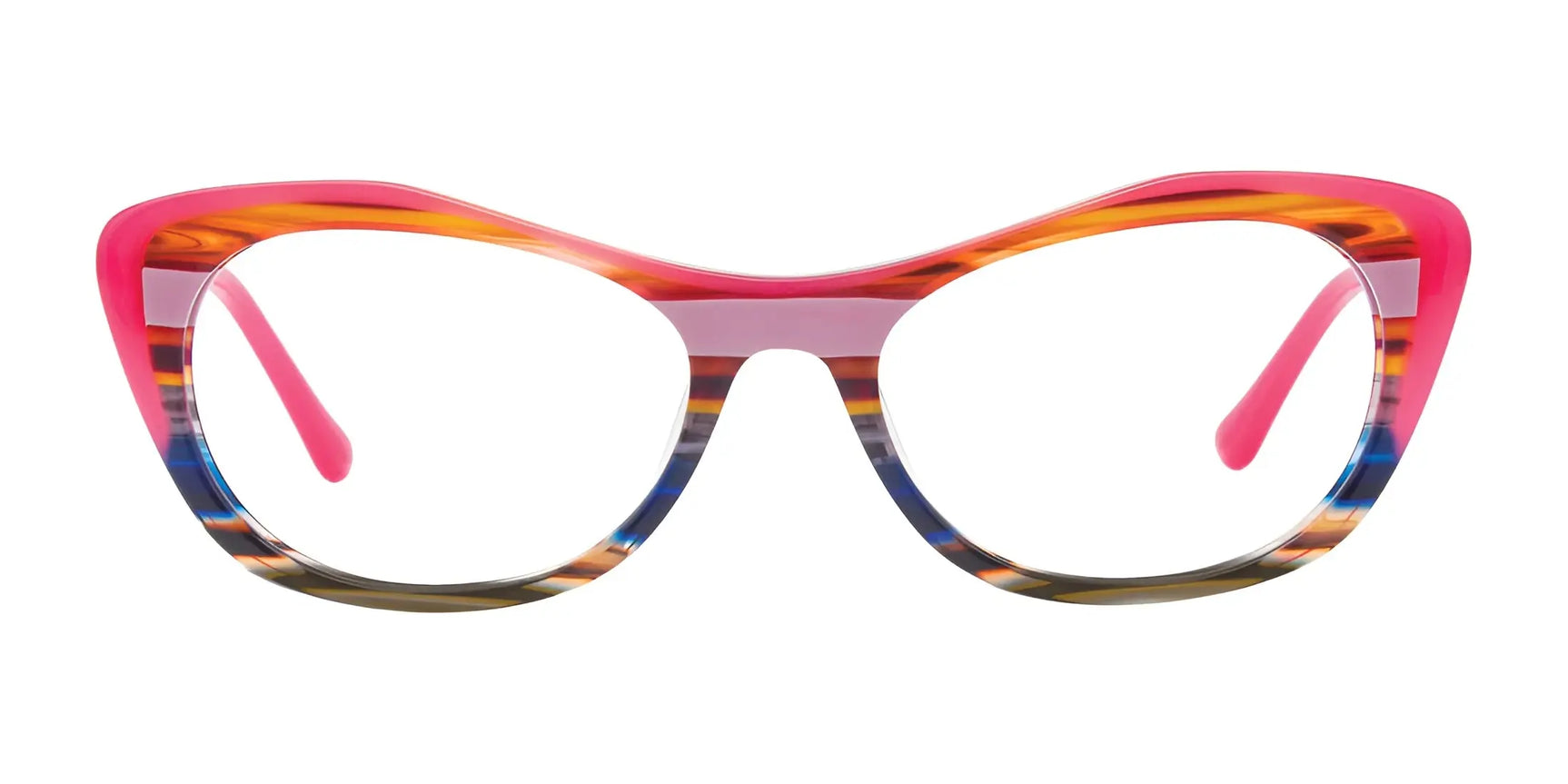 The Paradox P5037 Eyeglasses | Size 52 by Paradox feature cat eye frames in pink, orange, blue, and brown stripes on white. These prescription-ready glasses combine bold fashion with everyday vision needs. The Paradox P5037 Eyeglasses | Size 52 by Paradox feature cat eye frames in pink, orange, blue, and brown stripes on white. These prescription-ready glasses combine bold fashion with everyday vision needs.