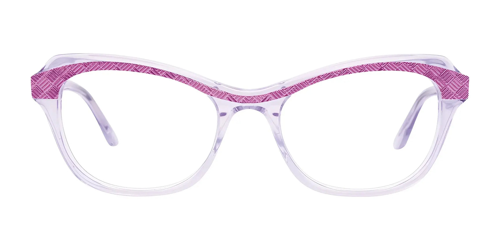 Paradox P5040 Eyeglasses | Size 51 by Paradox feature clear cat eye frames with a purple patterned top accent. Shown from the front and prescription ready for your convenience. Paradox P5040 Eyeglasses | Size 51 by Paradox feature clear cat eye frames with a purple patterned top accent. Shown from the front and prescription ready for your convenience.