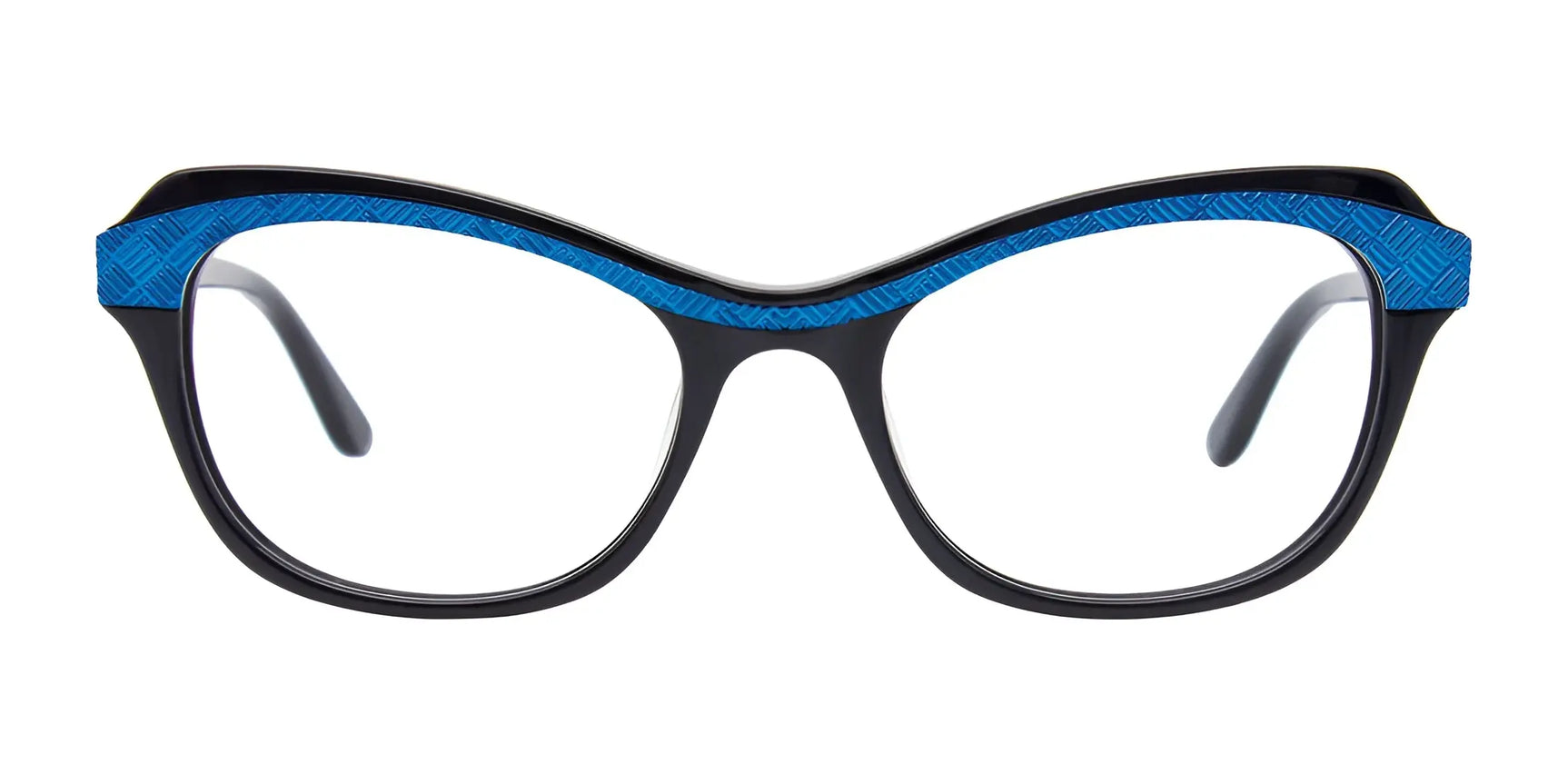 The Paradox P5040 Eyeglasses by Paradox feature a bold black cat eye frame with blue patterned accents along the top, shown on a white background. Size 51, prescription ready for your convenience. The Paradox P5040 Eyeglasses by Paradox feature a bold black cat eye frame with blue patterned accents along the top, shown on a white background. Size 51, prescription ready for your convenience.