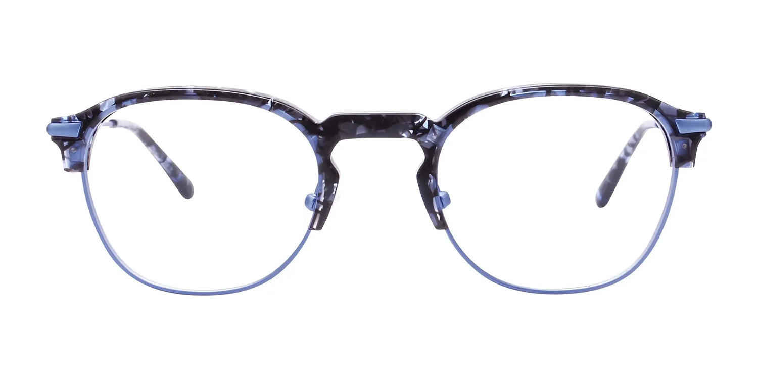 The Paradox P5042 Eyeglasses | Size 49 from Paradox feature round frames, blue rims with a subtle marbled pattern, are prescription ready, and displayed on a white background. The Paradox P5042 Eyeglasses | Size 49 from Paradox feature round frames, blue rims with a subtle marbled pattern, are prescription ready, and displayed on a white background.