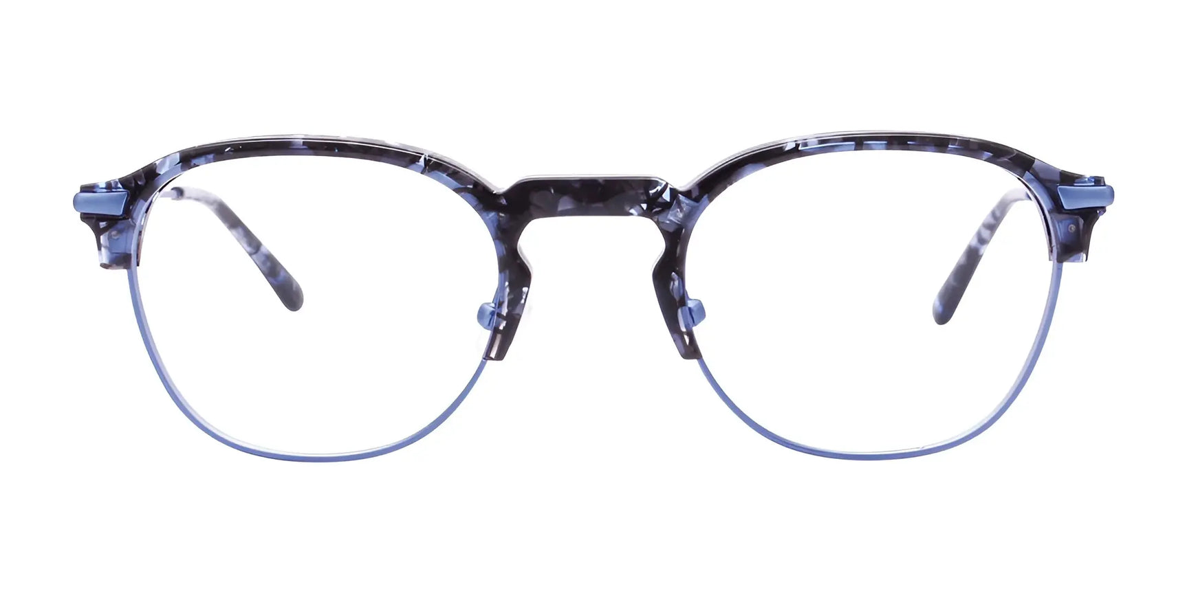 The Paradox P5042 Eyeglasses | Size 49 from Paradox feature round frames, blue rims with a subtle marbled pattern, are prescription ready, and displayed on a white background. The Paradox P5042 Eyeglasses | Size 49 from Paradox feature round frames, blue rims with a subtle marbled pattern, are prescription ready, and displayed on a white background.