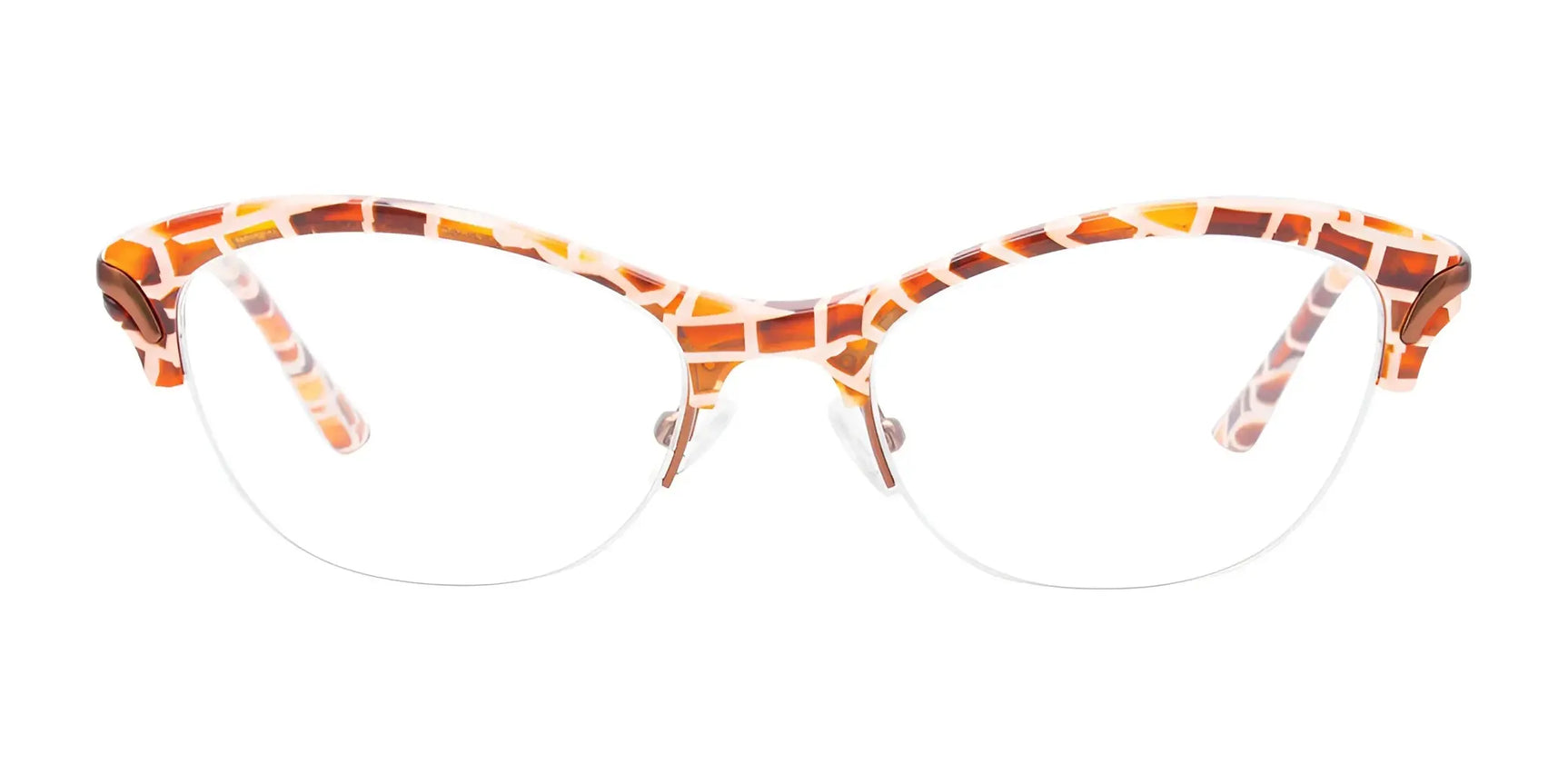 Women's Eyewear: Paradox P5043 Eyeglasses by Paradox, size 52, feature a brown and orange giraffe-patterned cat eye frame with half-rimless clear lenses shown on a white background. Women's Eyewear: Paradox P5043 Eyeglasses by Paradox, size 52, feature a brown and orange giraffe-patterned cat eye frame with half-rimless clear lenses shown on a white background.