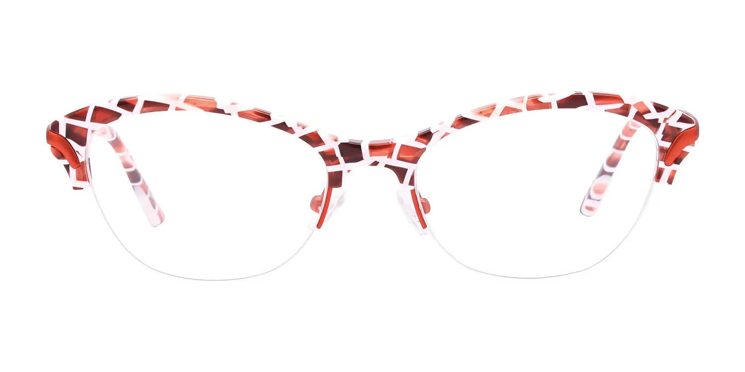 Paradox P5043 Eyeglasses by Paradox feature a bold cat-eye shape with a red and white mosaic frame and rimless lower lenses, ideal for women’s eyewear collections. Displayed on a white background. Size 52. Paradox P5043 Eyeglasses by Paradox feature a bold cat-eye shape with a red and white mosaic frame and rimless lower lenses, ideal for women’s eyewear collections. Displayed on a white background. Size 52.