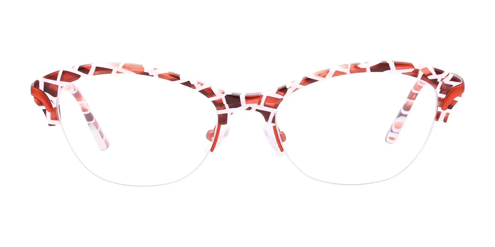 Paradox P5043 Eyeglasses by Paradox feature a bold cat-eye shape with a red and white mosaic frame and rimless lower lenses, ideal for women’s eyewear collections. Displayed on a white background. Size 52. Paradox P5043 Eyeglasses by Paradox feature a bold cat-eye shape with a red and white mosaic frame and rimless lower lenses, ideal for women’s eyewear collections. Displayed on a white background. Size 52.