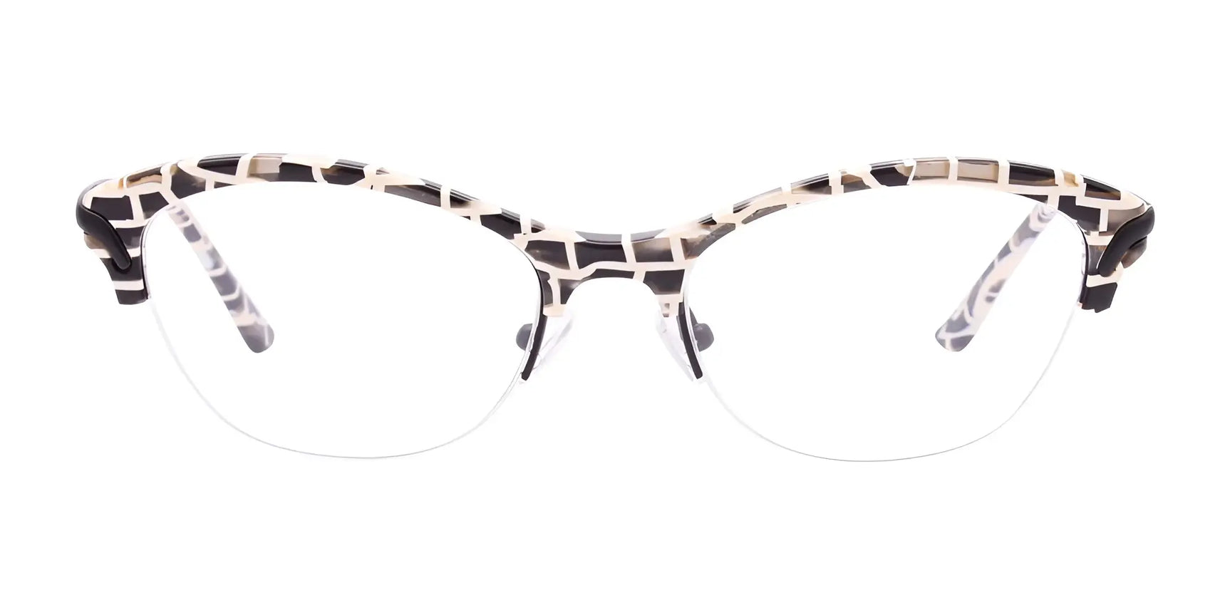 The Paradox P5043 Eyeglasses by Paradox feature a bold cat-eye silhouette and a black, white, and beige geometric pattern—ideal for women seeking standout eyewear. Size 52. The Paradox P5043 Eyeglasses by Paradox feature a bold cat-eye silhouette and a black, white, and beige geometric pattern—ideal for women seeking standout eyewear. Size 52.