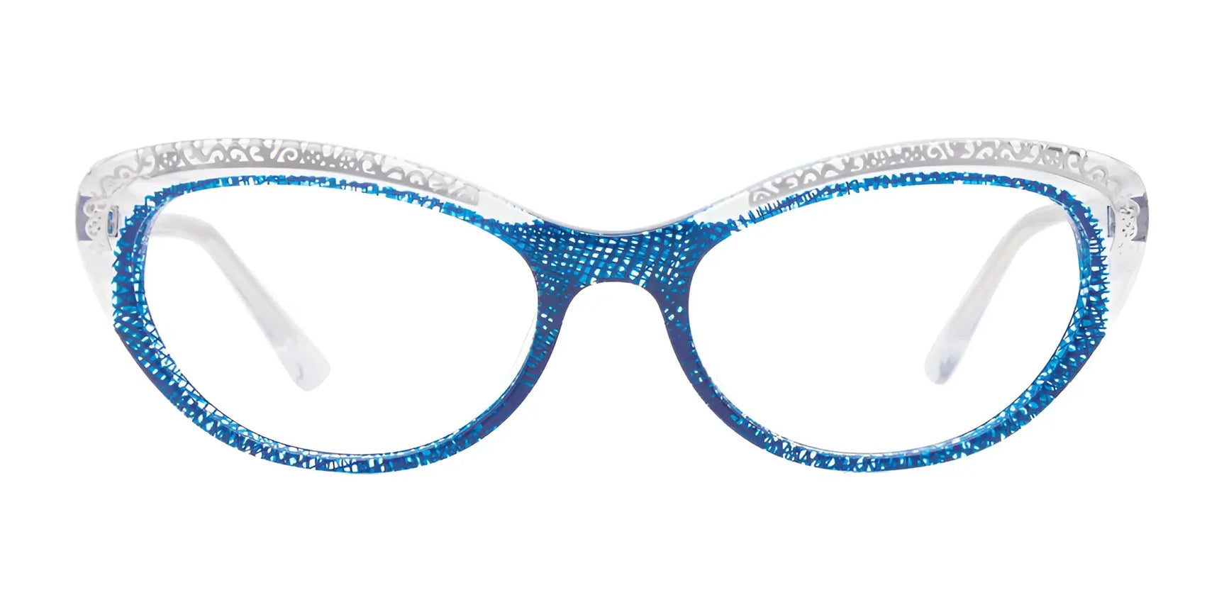 The Paradox P5044 Eyeglasses in size 52 feature blue and white cat-eye frames with a sparkly textured design, making them a standout choice in women’s eyewear by Paradox, shown on a white background. The Paradox P5044 Eyeglasses in size 52 feature blue and white cat-eye frames with a sparkly textured design, making them a standout choice in women’s eyewear by Paradox, shown on a white background.