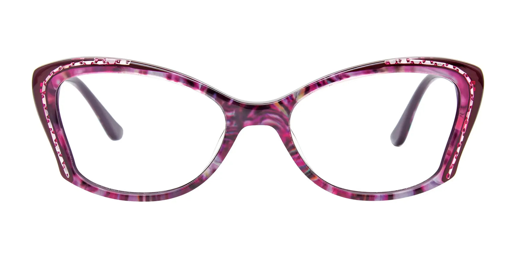 Paradox P5045 Eyeglasses | Size 52 by Paradox in purple and pink, featuring clear cat eye frames, displayed front-facing on a white background. Paradox P5045 Eyeglasses | Size 52 by Paradox in purple and pink, featuring clear cat eye frames, displayed front-facing on a white background.