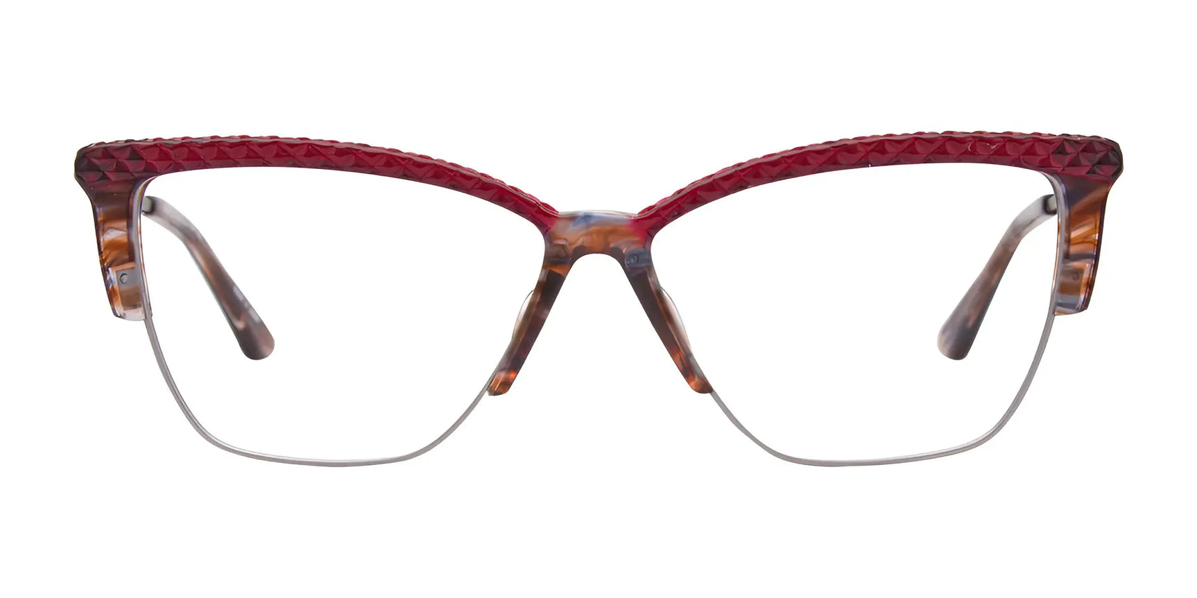 The Paradox P5047 Eyeglasses by Paradox feature luxury cat-eye frames with a brown and red textured finish and sleek silver lower rims, shown from the front view. Size 54. The Paradox P5047 Eyeglasses by Paradox feature luxury cat-eye frames with a brown and red textured finish and sleek silver lower rims, shown from the front view. Size 54.
