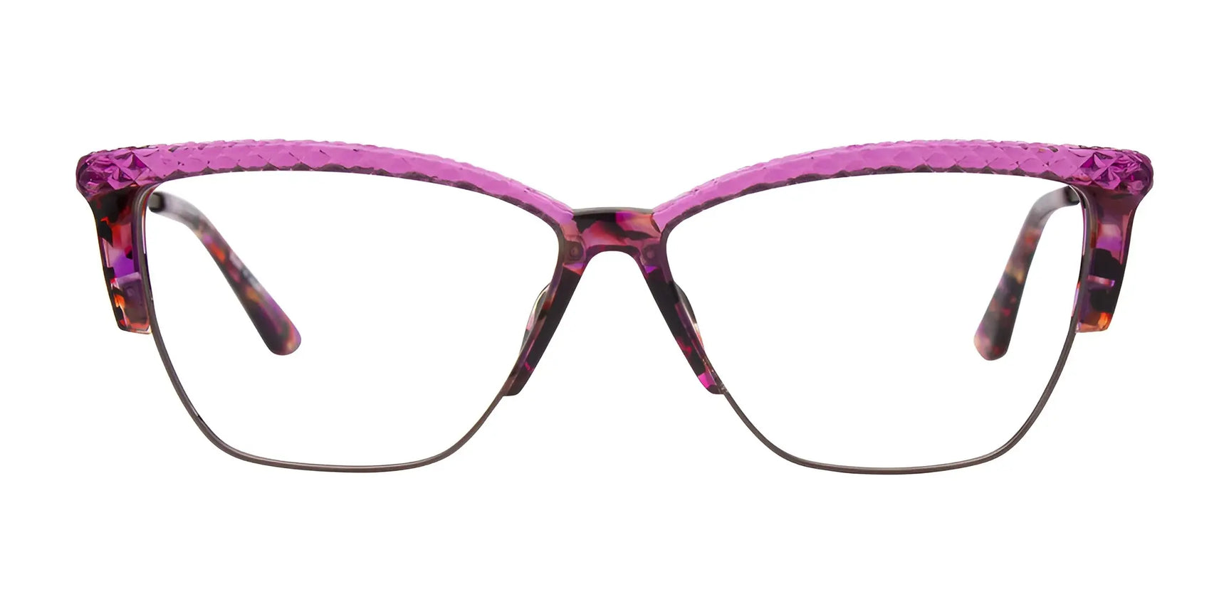 The Paradox P5047 Eyeglasses by Paradox feature cat eye frames with a textured pink top and slim metal rims, making them a standout luxury accessory for expressive style seekers. Size 54. The Paradox P5047 Eyeglasses by Paradox feature cat eye frames with a textured pink top and slim metal rims, making them a standout luxury accessory for expressive style seekers. Size 54.