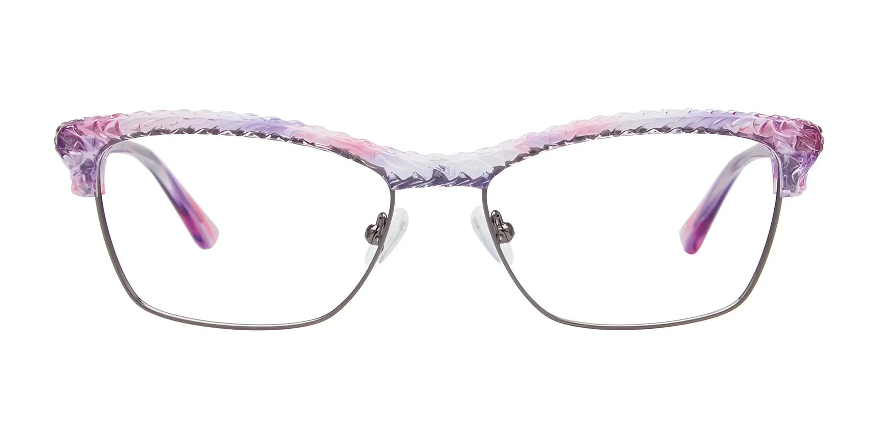 Paradox P5048 Eyeglasses by Paradox feature a bold cat-eye design with a purple and pink patterned frame, thin silver metal rims, and a size 54 front view. Paradox P5048 Eyeglasses by Paradox feature a bold cat-eye design with a purple and pink patterned frame, thin silver metal rims, and a size 54 front view.