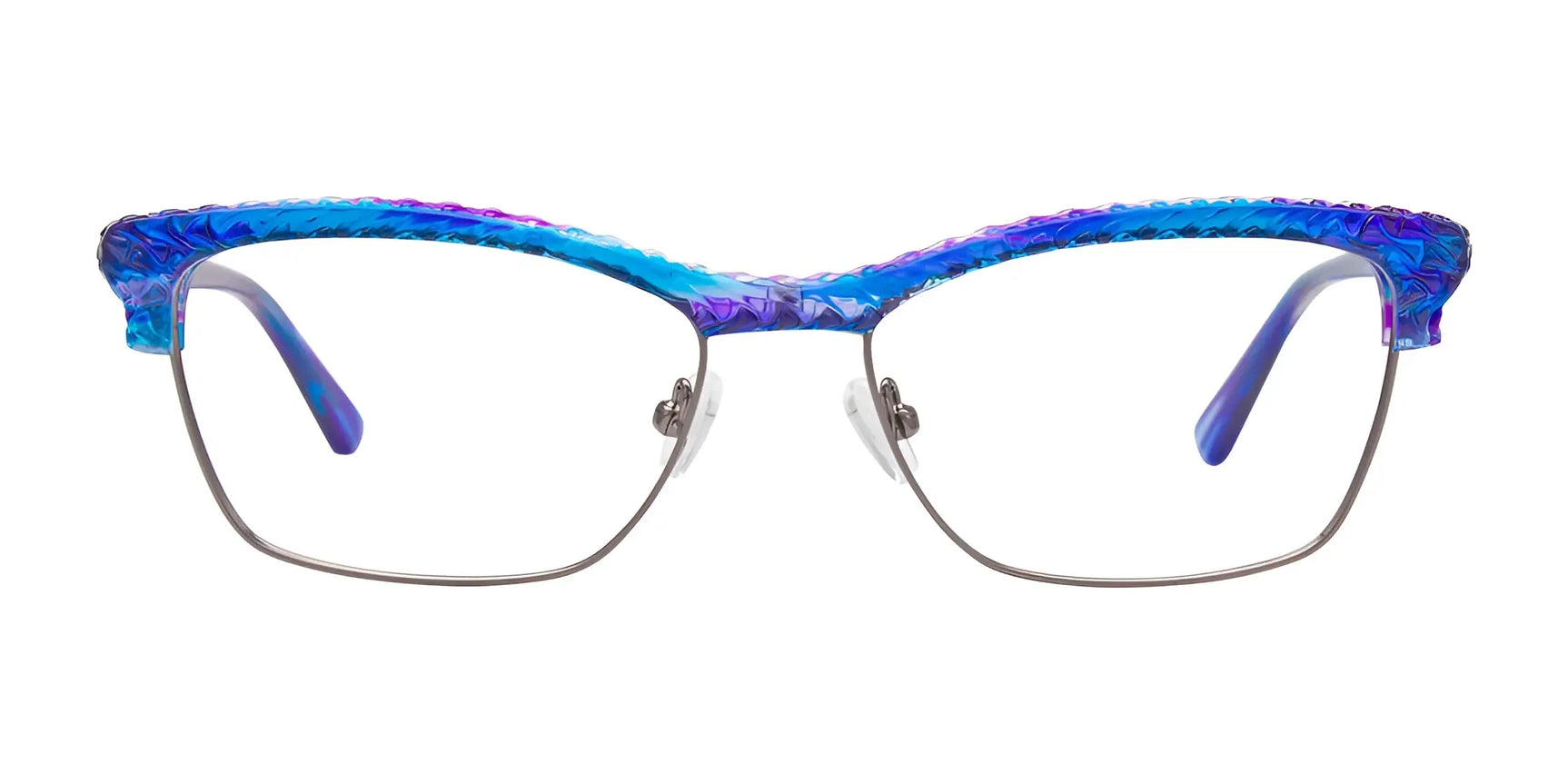 Paradox P5048 Eyeglasses by Paradox feature cat-eye frames with thin metal rims and a textured blue-to-purple gradient, combining bold style with durability in size 54, shown against a white background. Paradox P5048 Eyeglasses by Paradox feature cat-eye frames with thin metal rims and a textured blue-to-purple gradient, combining bold style with durability in size 54, shown against a white background.