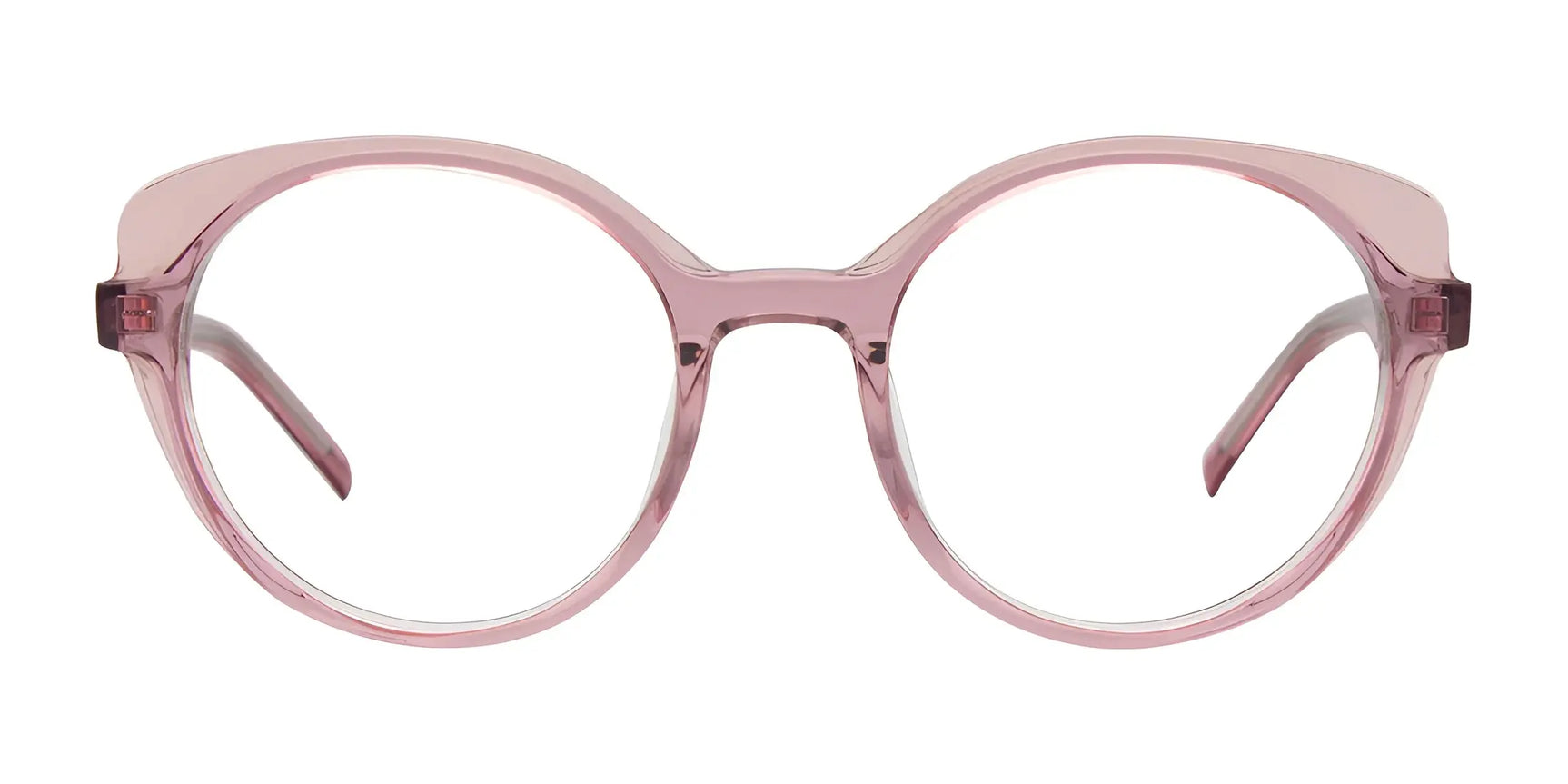 The Paradox P5053 Eyeglasses | Size 49 by Paradox are pink translucent round frames with a thick design and subtle cat eye shape, designed for women and shown front-facing on a white background. The Paradox P5053 Eyeglasses | Size 49 by Paradox are pink translucent round frames with a thick design and subtle cat eye shape, designed for women and shown front-facing on a white background.