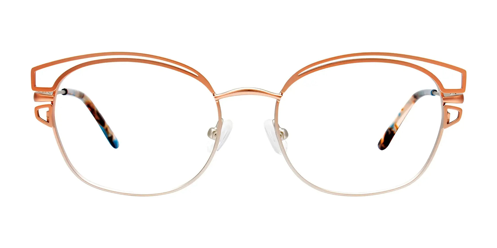 The Paradox P5058 Eyeglasses | Size 51 by Paradox feature a rose gold geometric cat-eye wireframe and premium tortoiseshell temple tips, offering stylish sophistication on a white background. The Paradox P5058 Eyeglasses | Size 51 by Paradox feature a rose gold geometric cat-eye wireframe and premium tortoiseshell temple tips, offering stylish sophistication on a white background.