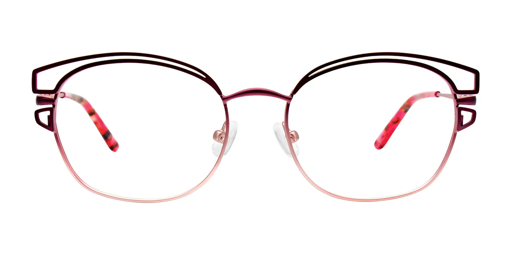 The Paradox P5058 Eyeglasses | Size 51 by Paradox feature red and pink cat-eye frames with decorative temple cut-outs, adding elegant style to any look. The Paradox P5058 Eyeglasses | Size 51 by Paradox feature red and pink cat-eye frames with decorative temple cut-outs, adding elegant style to any look.