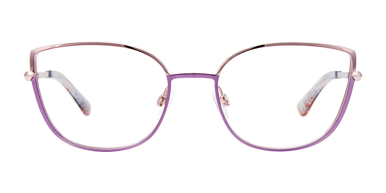 Paradox P5069 Eyeglasses | Size 52 by Paradox feature a chic cat eye design with thin, full-rim metal frames in purple and gold, shown on a white background. Paradox P5069 Eyeglasses | Size 52 by Paradox feature a chic cat eye design with thin, full-rim metal frames in purple and gold, shown on a white background.