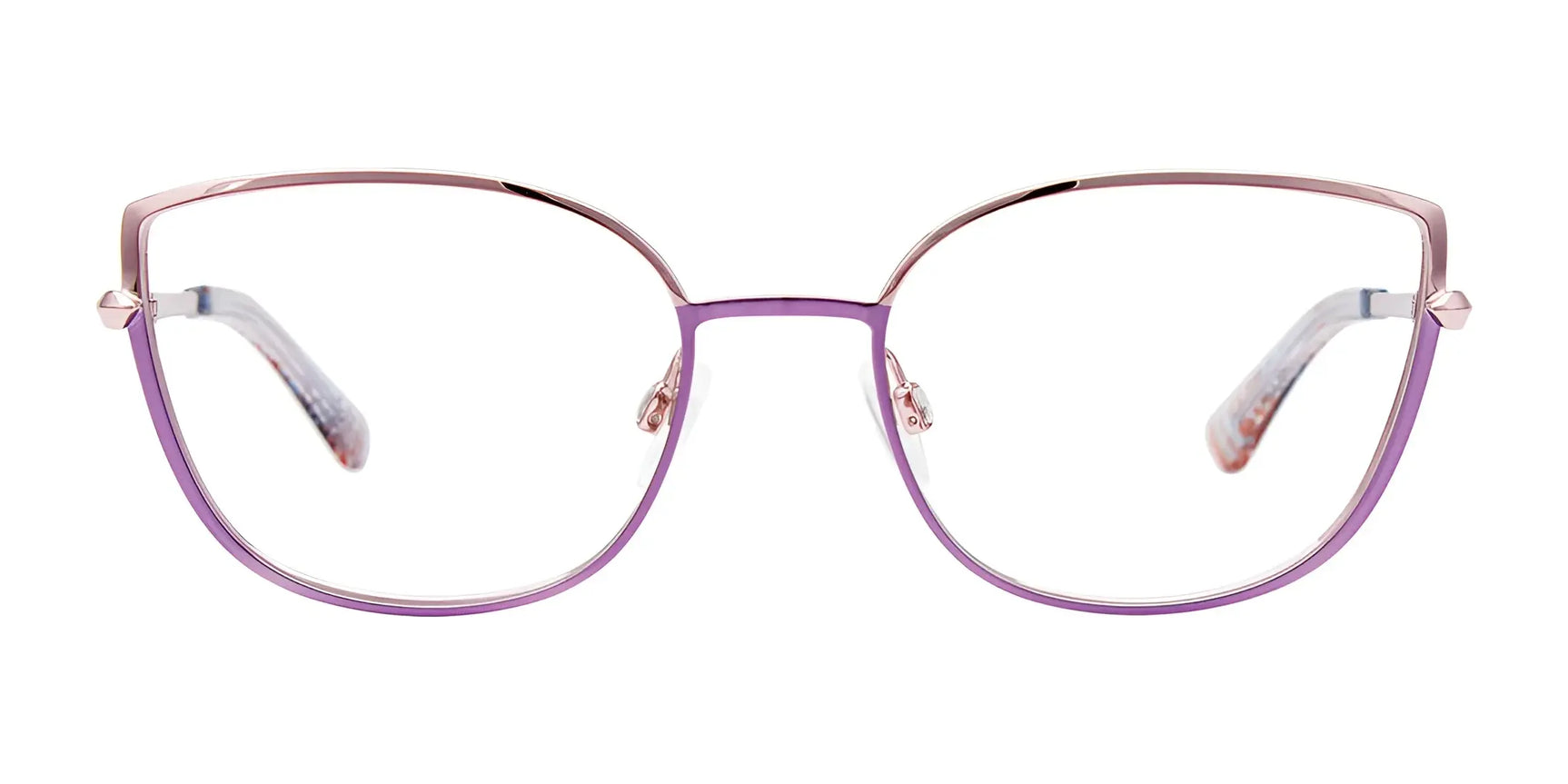 Paradox P5069 Eyeglasses | Size 52 by Paradox feature a chic cat eye design with thin, full-rim metal frames in purple and gold, shown on a white background. Paradox P5069 Eyeglasses | Size 52 by Paradox feature a chic cat eye design with thin, full-rim metal frames in purple and gold, shown on a white background.