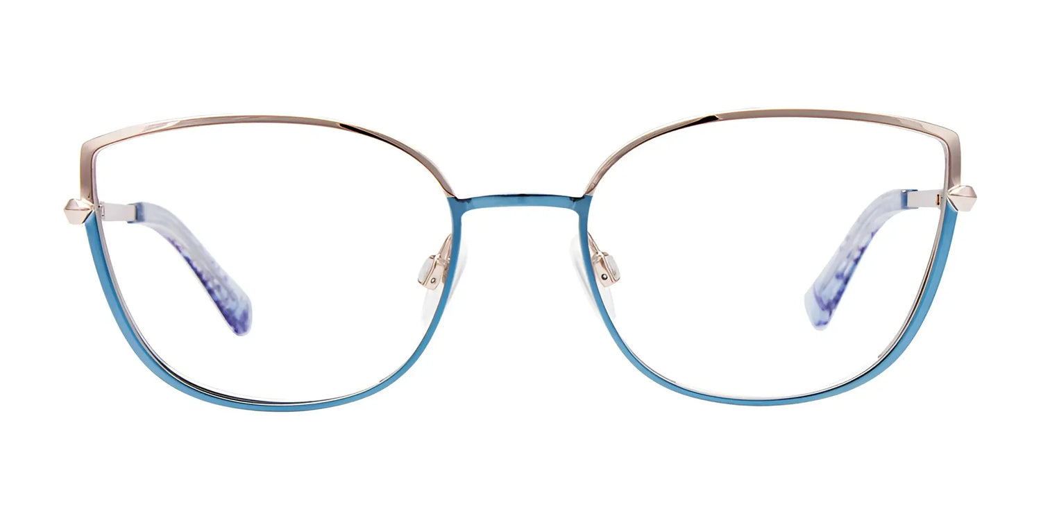 The Paradox P5069 Eyeglasses by Paradox feature thin gold and blue metal cat-eye frames in a chic full-rim style, shown front-facing on a white background. Size 52. The Paradox P5069 Eyeglasses by Paradox feature thin gold and blue metal cat-eye frames in a chic full-rim style, shown front-facing on a white background. Size 52.