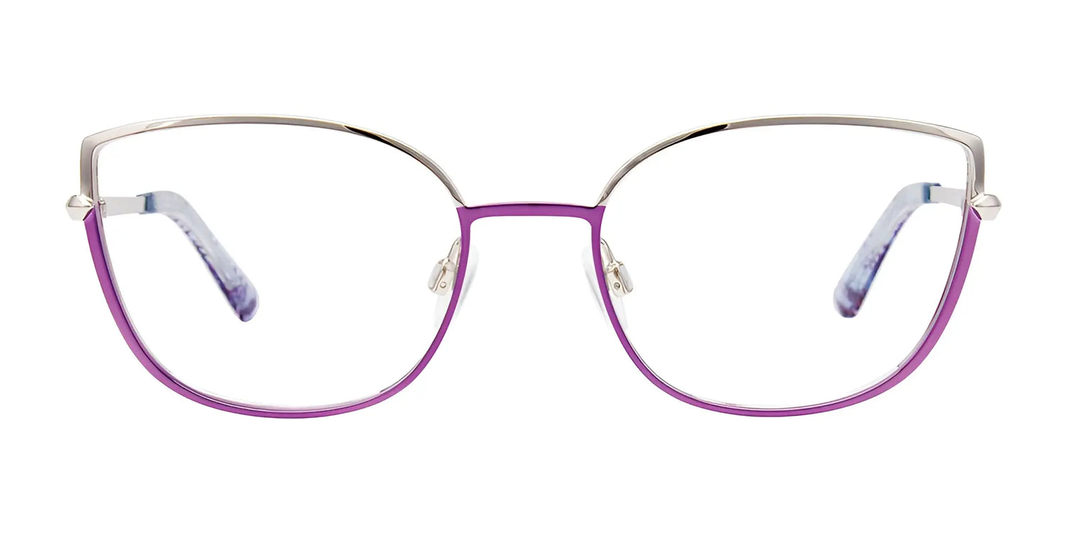 Paradox P5069 Eyeglasses by Paradox, size 52, showcase a bold purple and silver full-rim cat eye frame with clear lenses, set against a white background. Paradox P5069 Eyeglasses by Paradox, size 52, showcase a bold purple and silver full-rim cat eye frame with clear lenses, set against a white background.