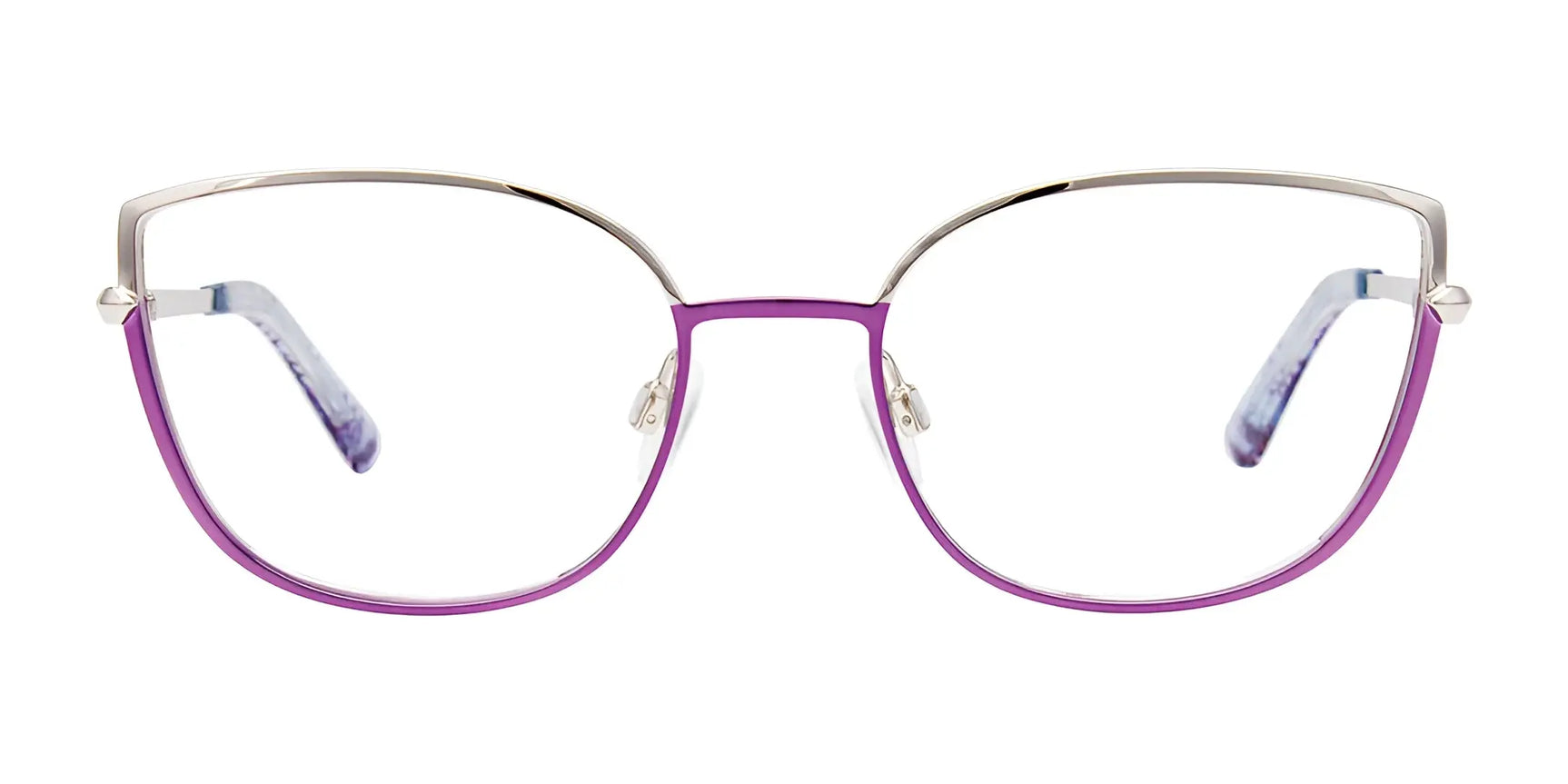 Paradox P5069 Eyeglasses by Paradox, size 52, showcase a bold purple and silver full-rim cat eye frame with clear lenses, set against a white background. Paradox P5069 Eyeglasses by Paradox, size 52, showcase a bold purple and silver full-rim cat eye frame with clear lenses, set against a white background.