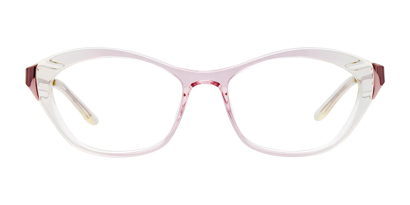 Paradox P5070 Eyeglasses | Size 52 by Paradox feature clear pink, full-rim rounded cat-eye frames with subtle red accents on the temple arms. Paradox P5070 Eyeglasses | Size 52 by Paradox feature clear pink, full-rim rounded cat-eye frames with subtle red accents on the temple arms.