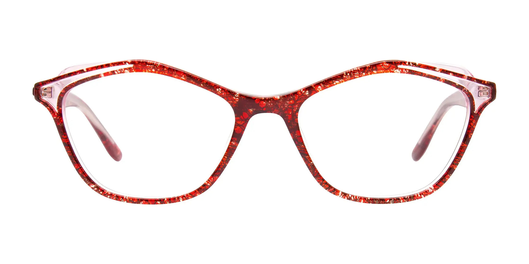 The Paradox P5074 Eyeglasses | Size 52 feature a red and clear cat eye design with glitter accents, shown from the front on a white background—ideal for those wanting premium, stylish eyewear. The Paradox P5074 Eyeglasses | Size 52 feature a red and clear cat eye design with glitter accents, shown from the front on a white background—ideal for those wanting premium, stylish eyewear.