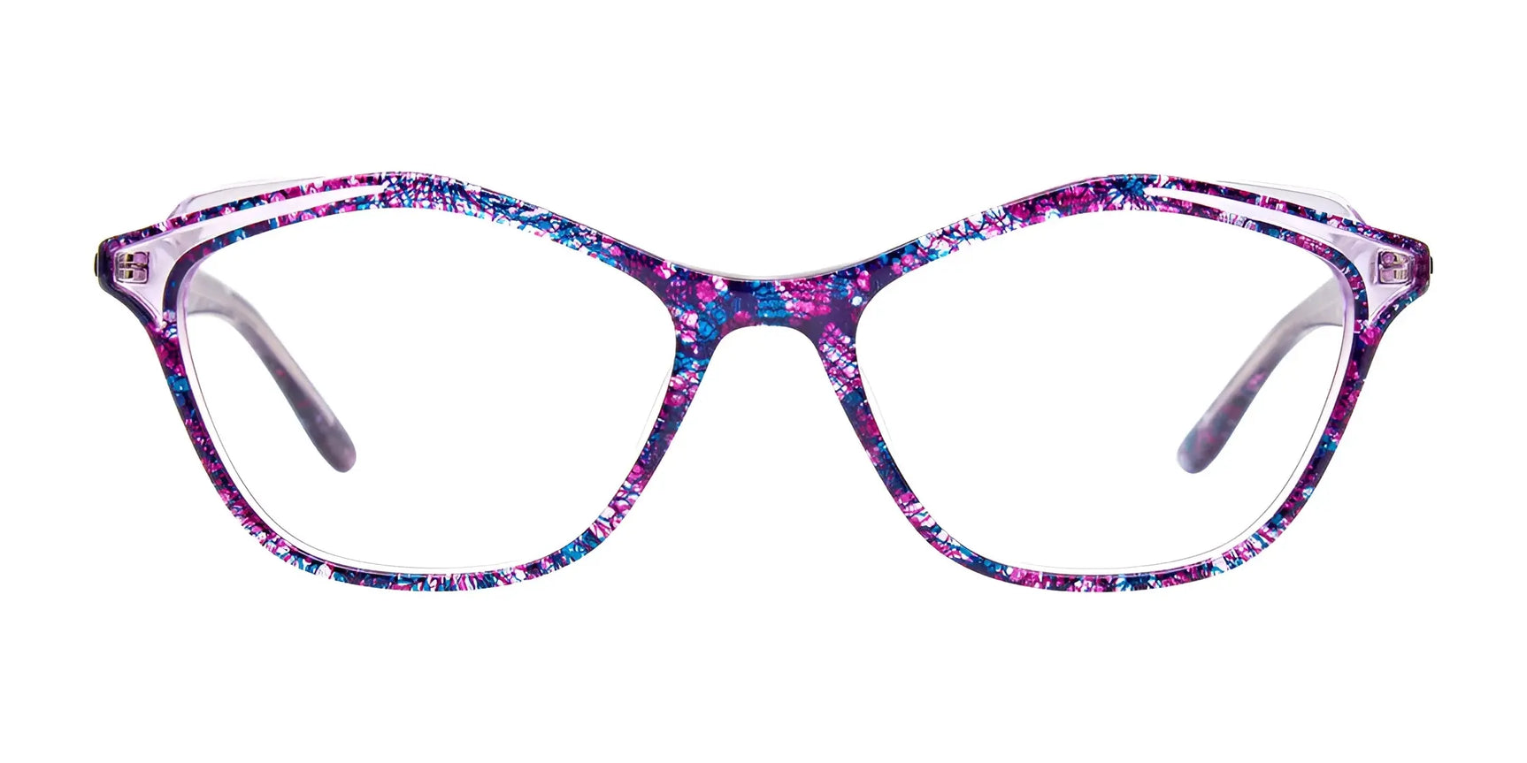 Paradox P5074 Eyeglasses | Size 52 feature a purple and blue floral cat-eye frame with clear lenses, highlighting the stylish Paradox design against a white background. Paradox P5074 Eyeglasses | Size 52 feature a purple and blue floral cat-eye frame with clear lenses, highlighting the stylish Paradox design against a white background.