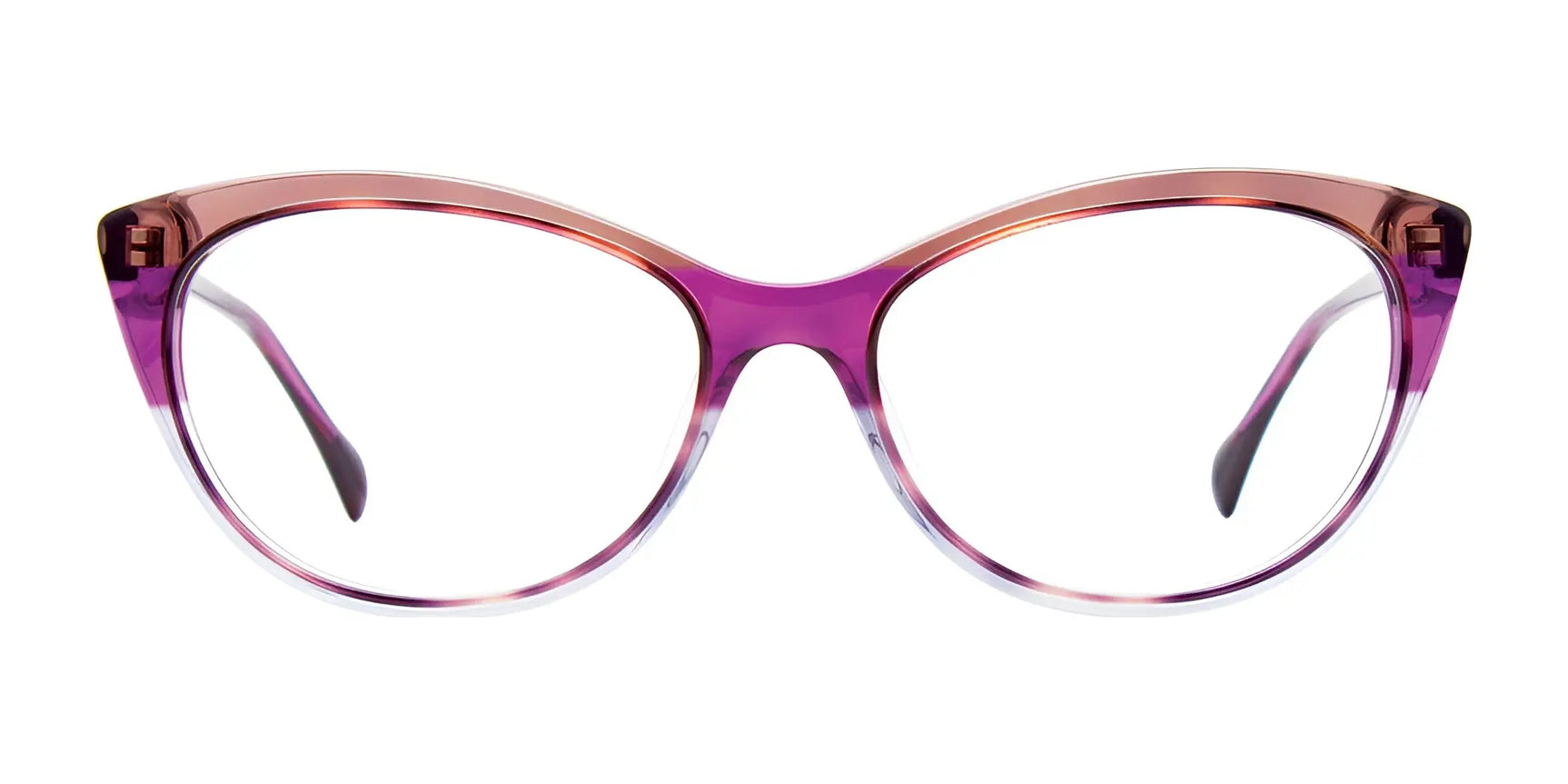 Paradox P5076 Eyeglasses in purple and pink, size 54, for women with clear lenses, by Paradox, shown on a white background. Paradox P5076 Eyeglasses in purple and pink, size 54, for women with clear lenses, by Paradox, shown on a white background.