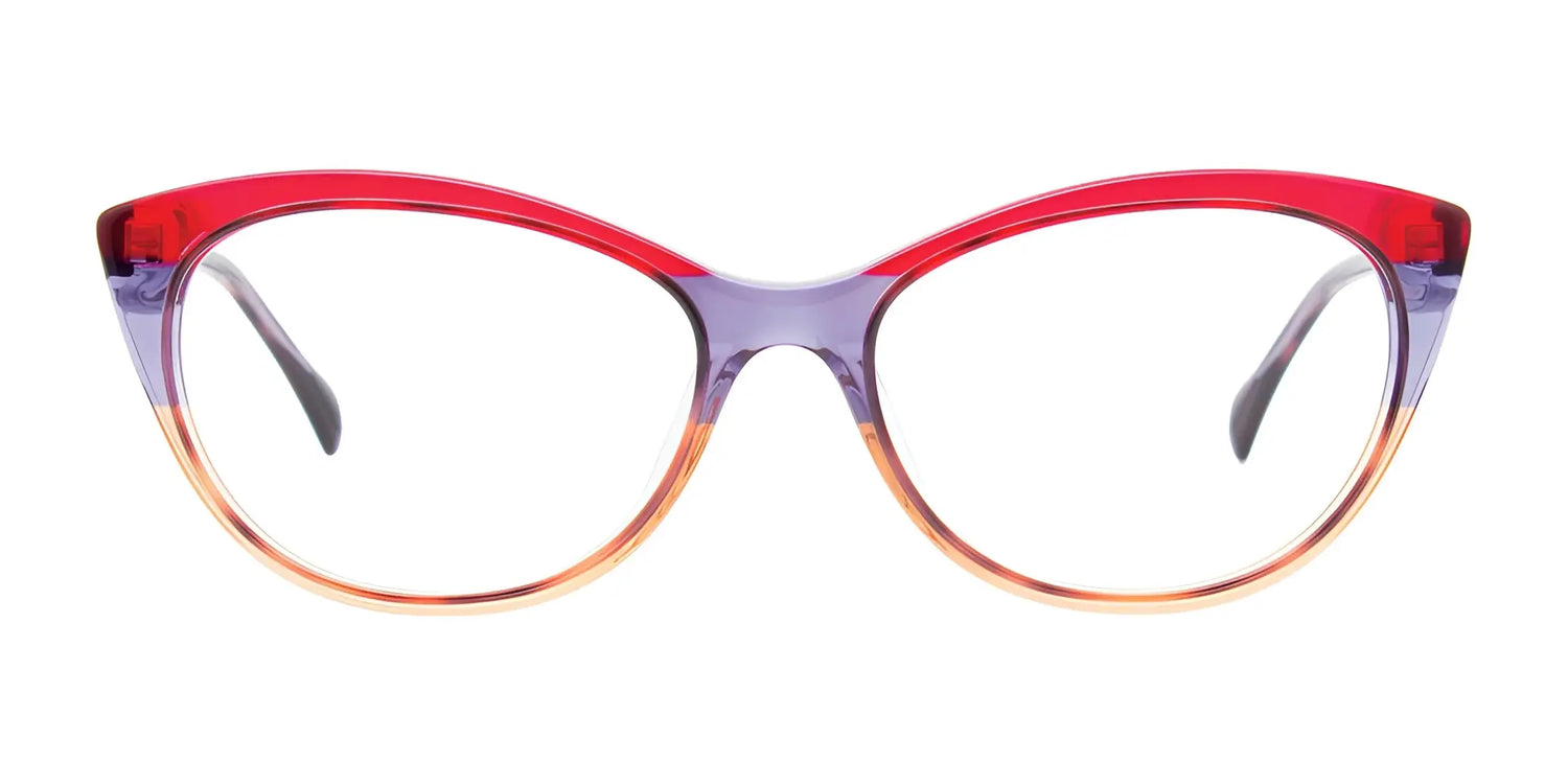 Paradox P5076 Eyeglasses | Size 54 by Paradox feature a Cat Eye style with red upper rims, a purple bridge, and orange lower rims, shown on a white background. Paradox P5076 Eyeglasses | Size 54 by Paradox feature a Cat Eye style with red upper rims, a purple bridge, and orange lower rims, shown on a white background.