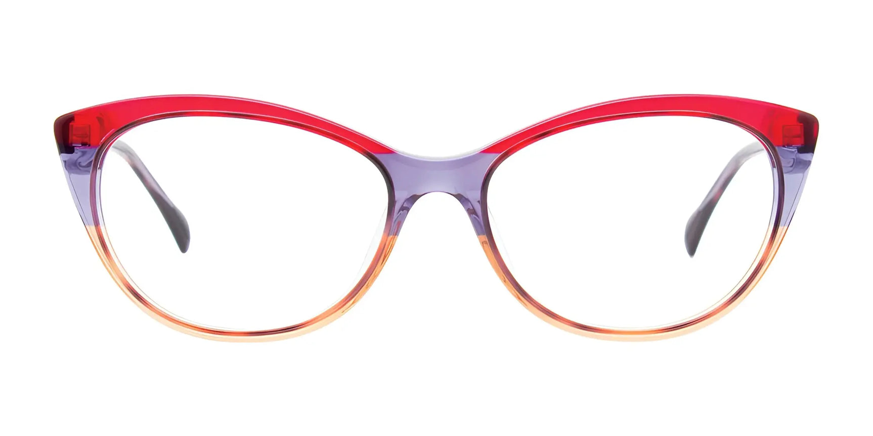 Paradox P5076 Eyeglasses | Size 54 by Paradox feature a Cat Eye style with red upper rims, a purple bridge, and orange lower rims, shown on a white background. Paradox P5076 Eyeglasses | Size 54 by Paradox feature a Cat Eye style with red upper rims, a purple bridge, and orange lower rims, shown on a white background.