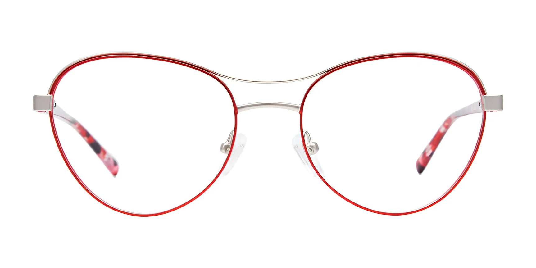 Front view of Paradox P5078 Eyeglasses | Size 53 by Paradox, featuring thin red full-rim metal round frames and clear nose pads on a white background. Front view of Paradox P5078 Eyeglasses | Size 53 by Paradox, featuring thin red full-rim metal round frames and clear nose pads on a white background.
