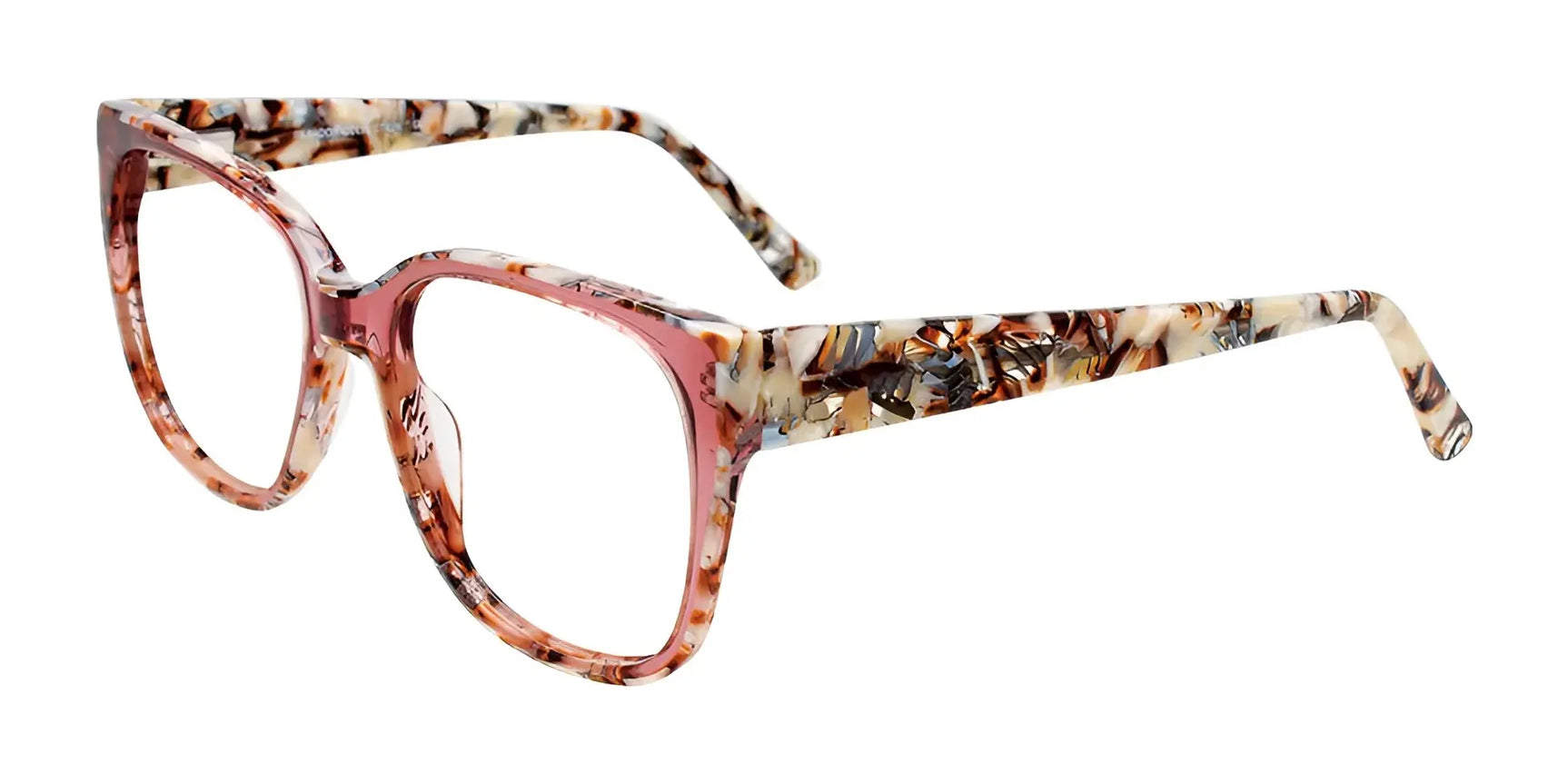 The Paradox P5081 Eyeglasses | Size 52 by Paradox feature pink and brown marbled full-rim, thick rectangular frames designed for enhanced vision, shown against a white background. The Paradox P5081 Eyeglasses | Size 52 by Paradox feature pink and brown marbled full-rim, thick rectangular frames designed for enhanced vision, shown against a white background.