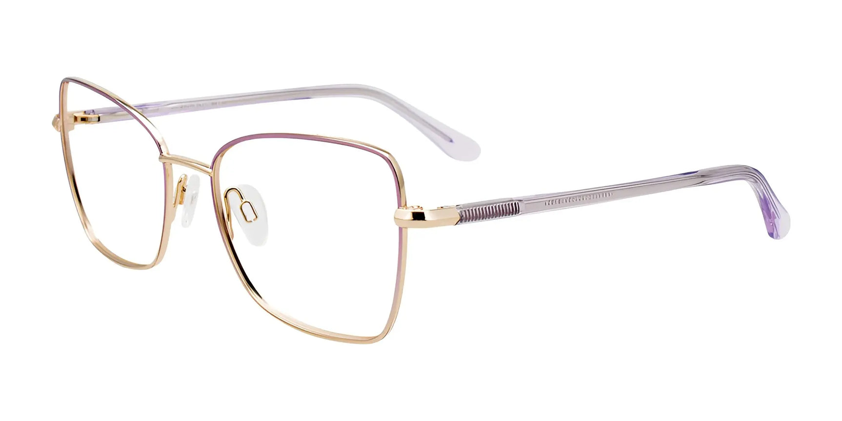 Paradox P5083 Eyeglasses | Size 53 feature gold metal frames and clear, slightly purple-tinted plastic arms from Paradox, delivering a stylish look and exceptional clarity against a white background. Paradox P5083 Eyeglasses | Size 53 feature gold metal frames and clear, slightly purple-tinted plastic arms from Paradox, delivering a stylish look and exceptional clarity against a white background.