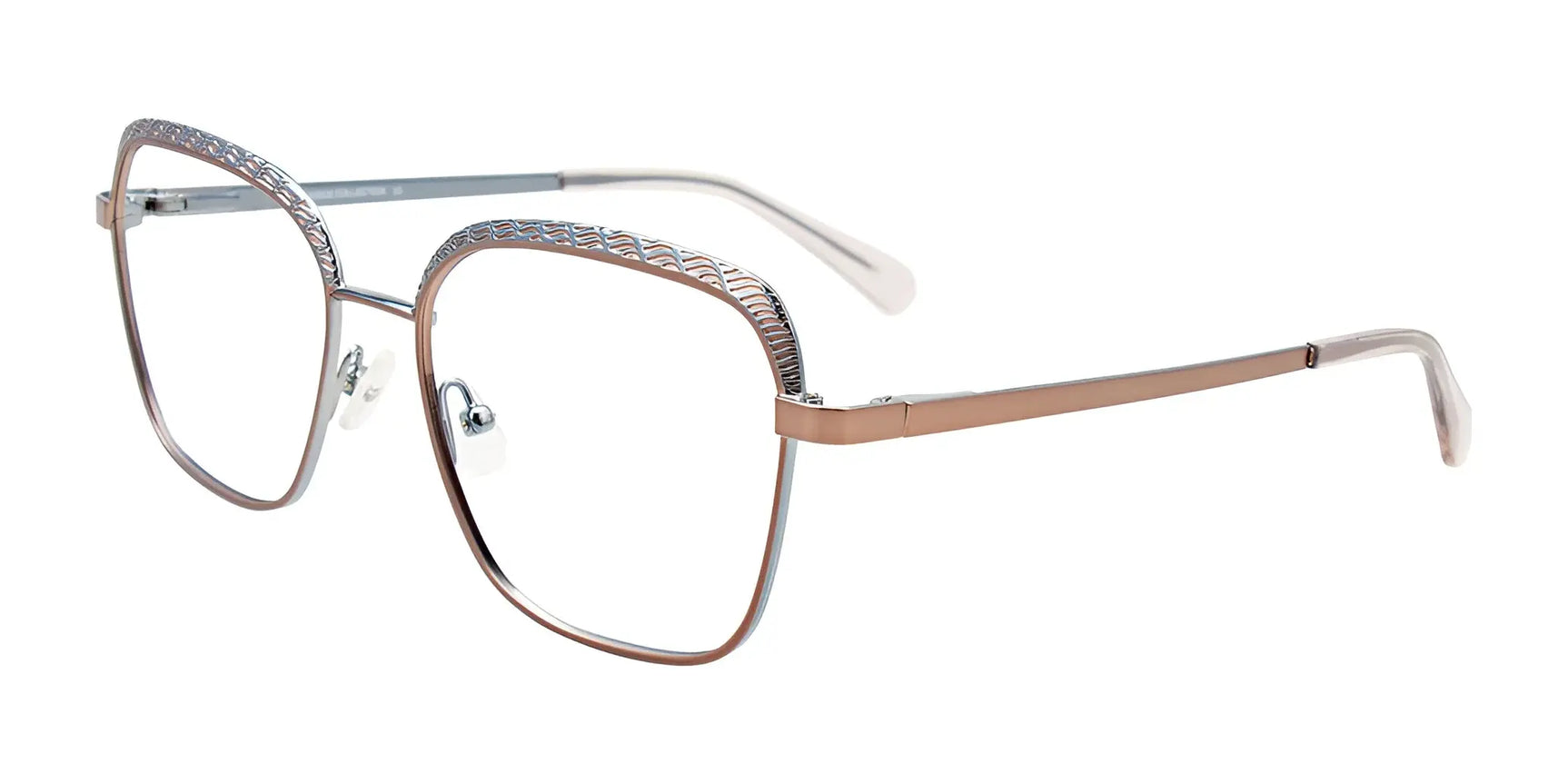 Paradox P5089 Eyeglasses (Size 54) by Paradox feature rose gold square frames with textured upper rims and a bold, adventurous design, displayed against a white background. Paradox P5089 Eyeglasses (Size 54) by Paradox feature rose gold square frames with textured upper rims and a bold, adventurous design, displayed against a white background.