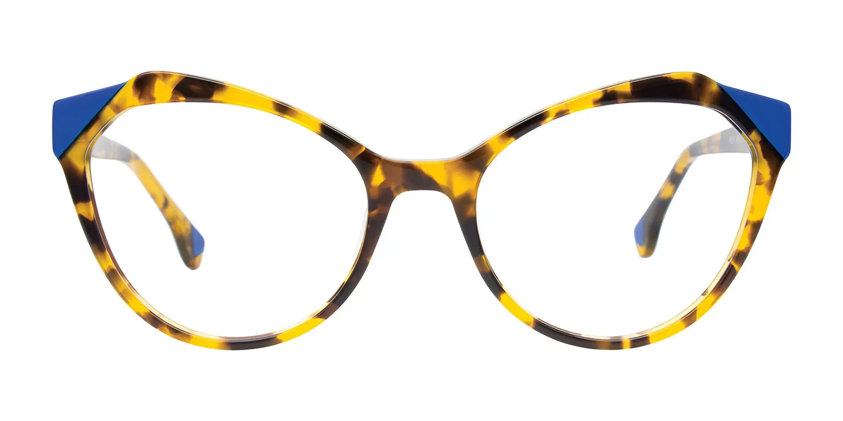 The Paradox P5091 Eyeglasses by Paradox feature round yellow and brown tortoiseshell frames with blue temple accents. Cat eye-inspired and prescription ready, these Size 53 glasses make a bold statement against a white background. The Paradox P5091 Eyeglasses by Paradox feature round yellow and brown tortoiseshell frames with blue temple accents. Cat eye-inspired and prescription ready, these Size 53 glasses make a bold statement against a white background.