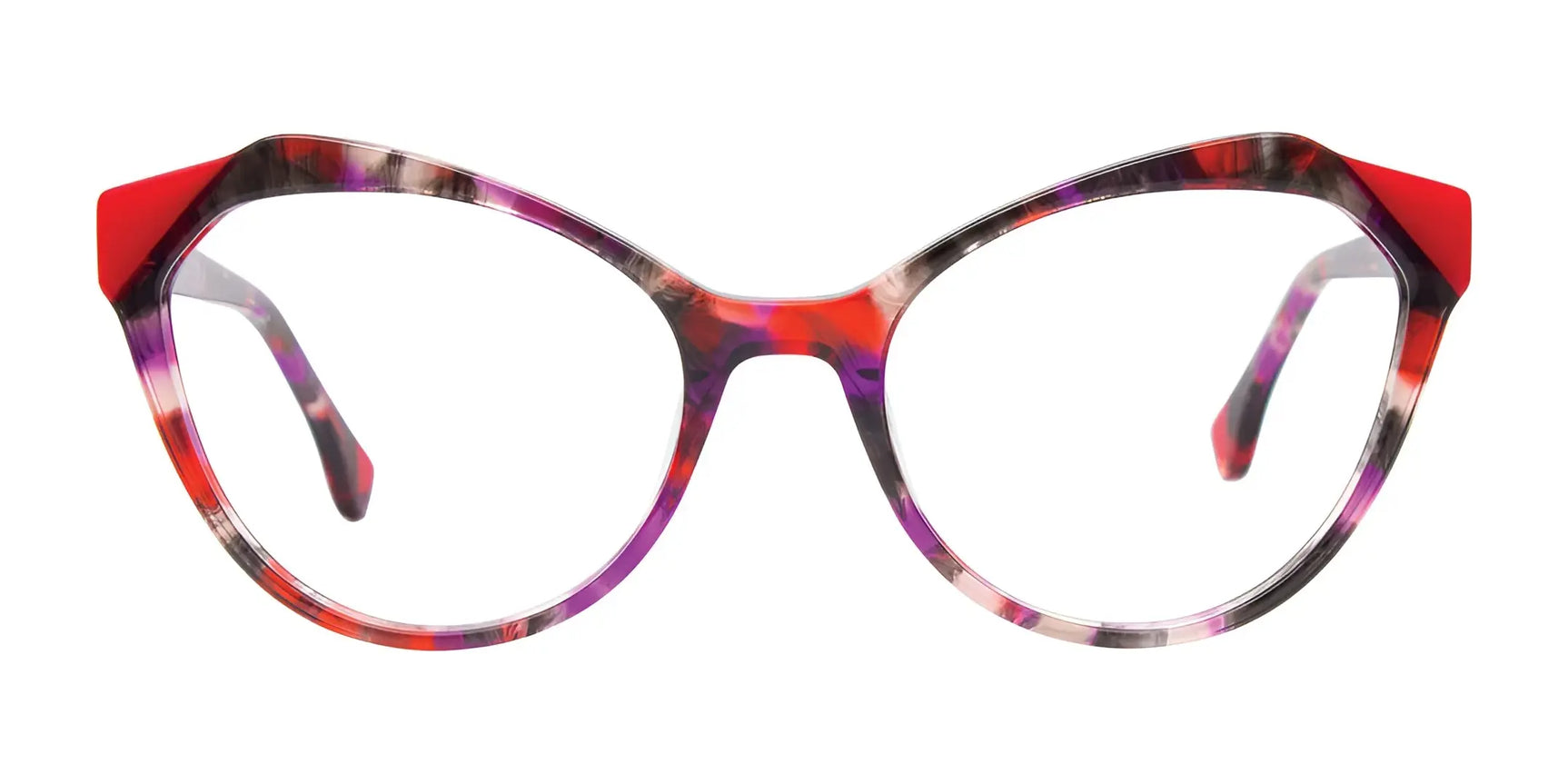 The Paradox P5091 Eyeglasses | Size 53 by Paradox feature prescription-ready cat eye frames with a vibrant marbled red, purple, and white pattern on a white base. The Paradox P5091 Eyeglasses | Size 53 by Paradox feature prescription-ready cat eye frames with a vibrant marbled red, purple, and white pattern on a white base.