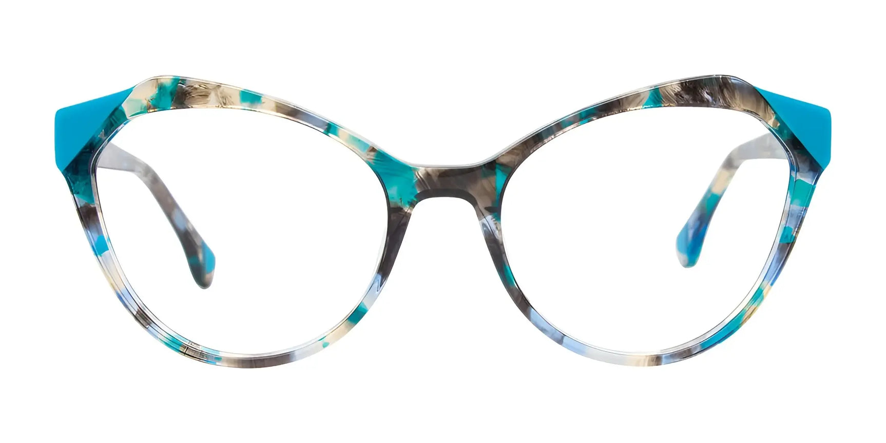 Paradox P5091 Eyeglasses by Paradox, size 53, feature a vibrant cat eye design with a multicolored turquoise, gray, and clear frame. Prescription ready and shown on a white background. Paradox P5091 Eyeglasses by Paradox, size 53, feature a vibrant cat eye design with a multicolored turquoise, gray, and clear frame. Prescription ready and shown on a white background.