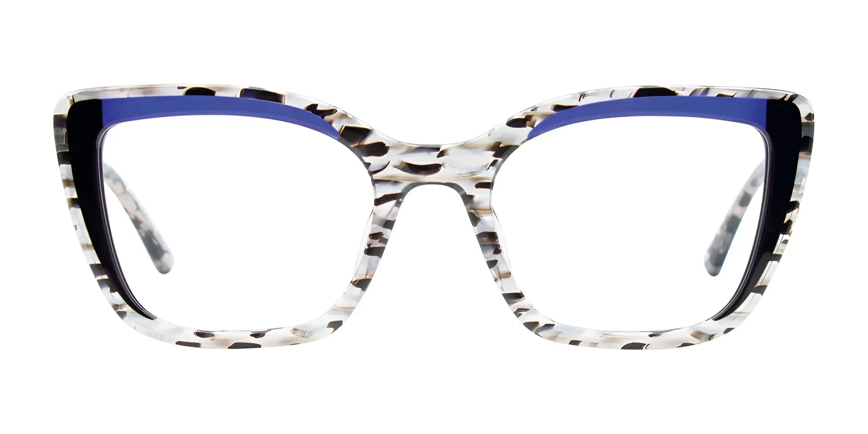 The Paradox P5098 Eyeglasses by Paradox feature a chic cat eye silhouette with a white and black spotted pattern, bold blue top rim, and are prescription ready for everyday wear. Size 53. The Paradox P5098 Eyeglasses by Paradox feature a chic cat eye silhouette with a white and black spotted pattern, bold blue top rim, and are prescription ready for everyday wear. Size 53.