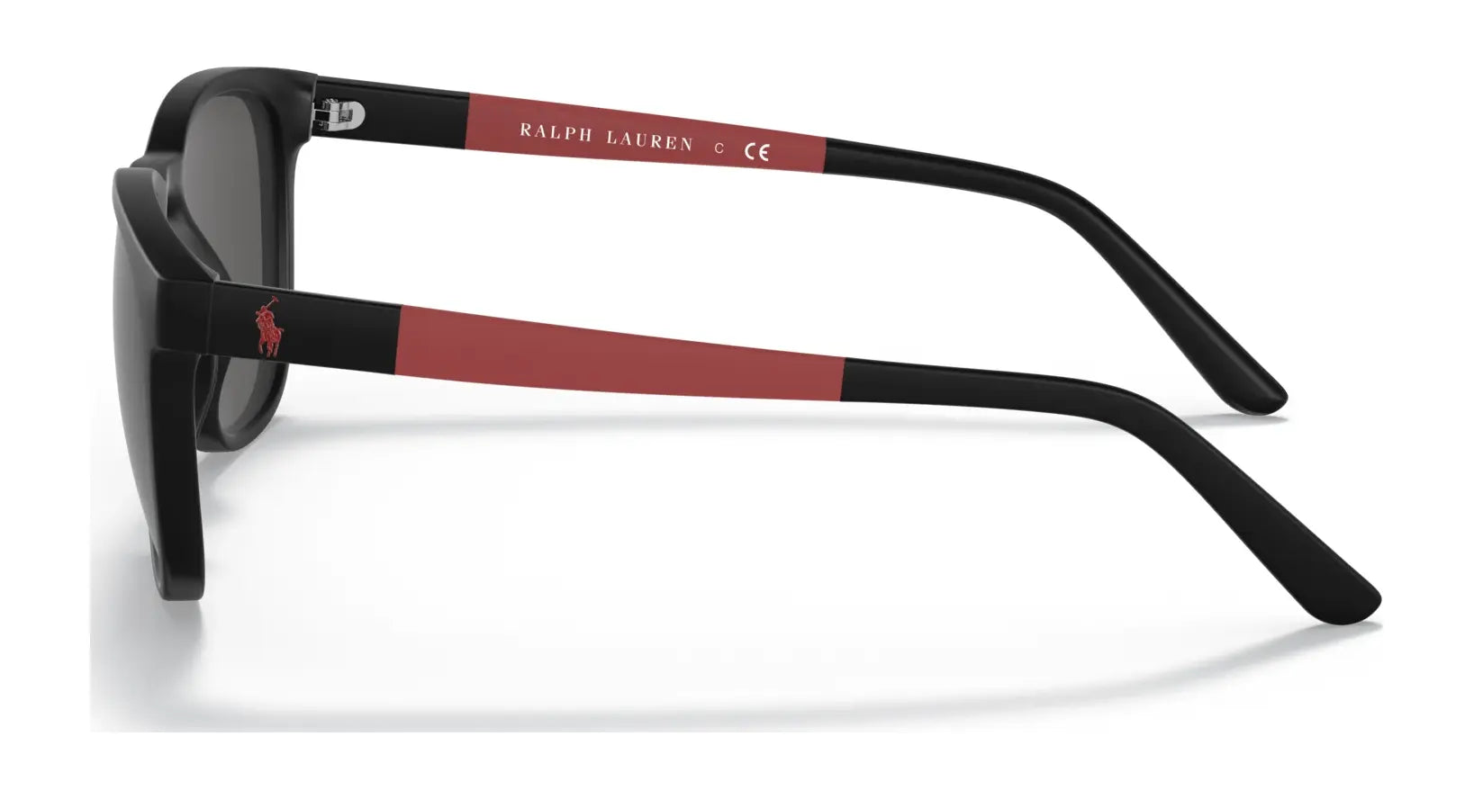 Side view of Polo PH4182U Sunglasses in black with vibrant red accents and "Polo" text on the arms, offering stylish UV protection. Side view of Polo PH4182U Sunglasses in black with vibrant red accents and "Polo" text on the arms, offering stylish UV protection.