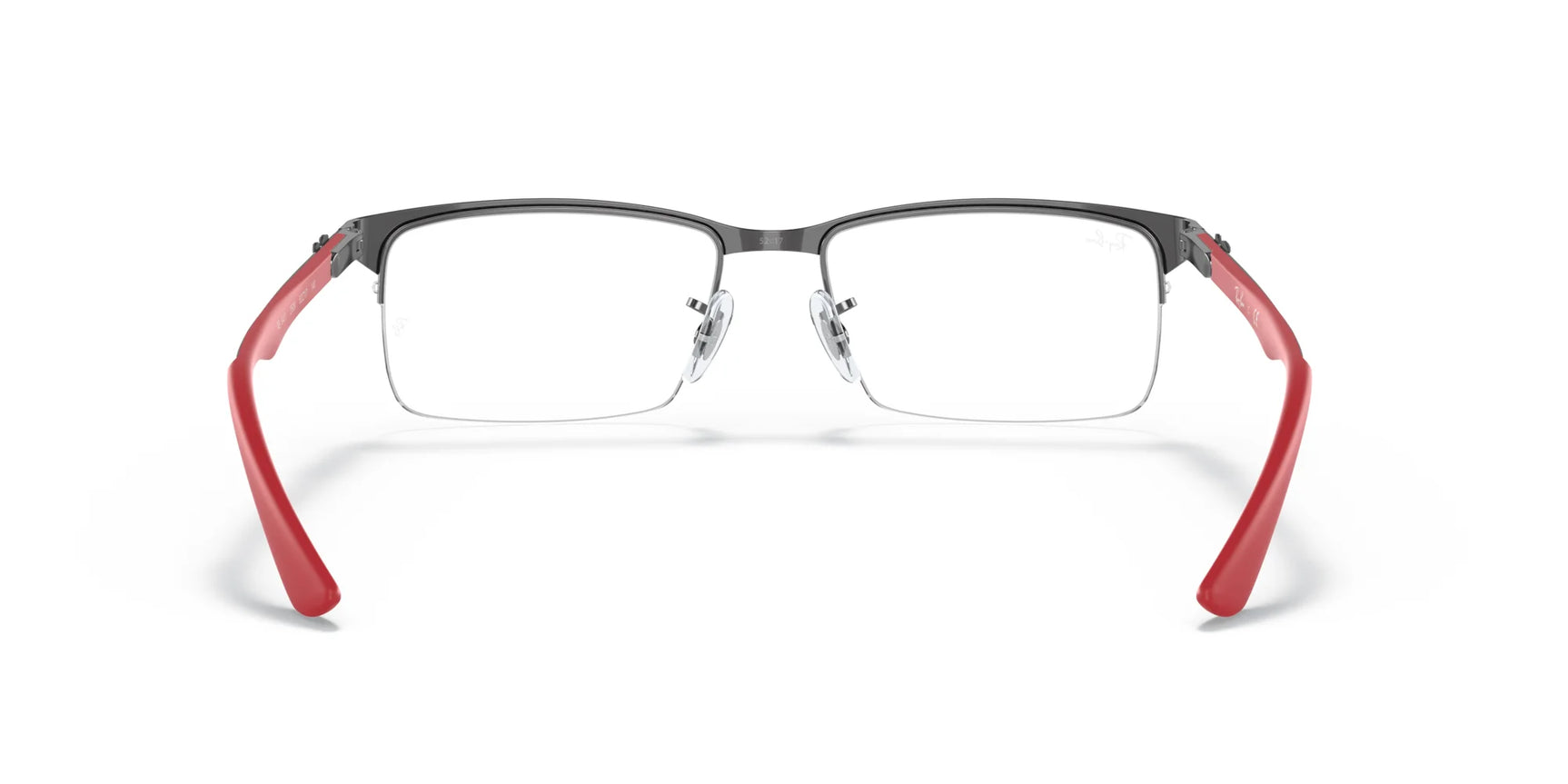 Stylish Ray-Ban RX8411 eyeglasses in black and red, showcasing a sleek semi-rimless frame design seen from the front. Stylish Ray-Ban RX8411 eyeglasses in black and red, showcasing a sleek semi-rimless frame design seen from the front.